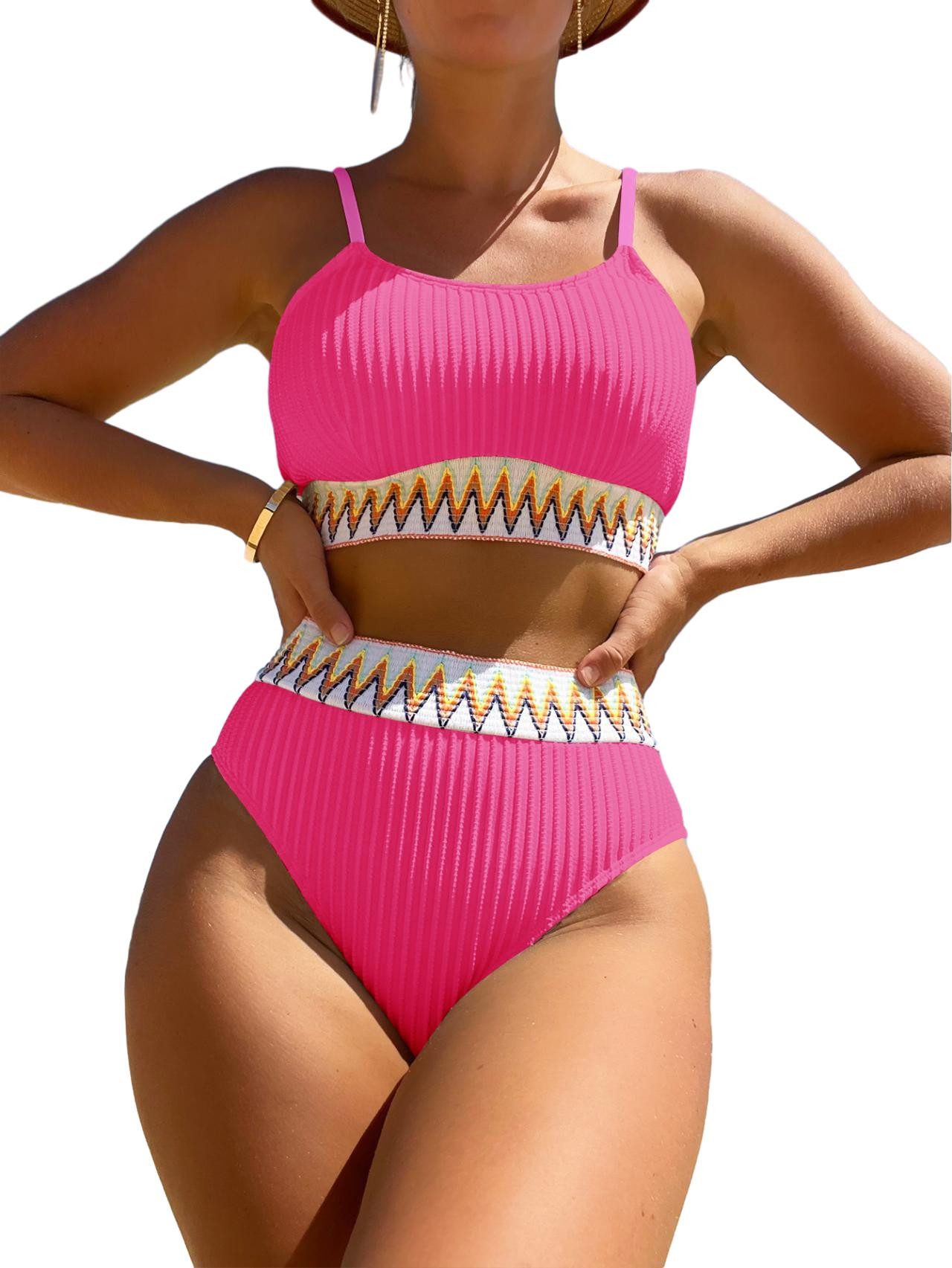 Ciskotu Push-Up-Bikini Damen Badeanzug mit hoher Taille, zweiteilige Bikini-Sets Badeanzüge Geripptes hoch tailliertes Bikini-Set mit Bauchkontrolle 2-teilig