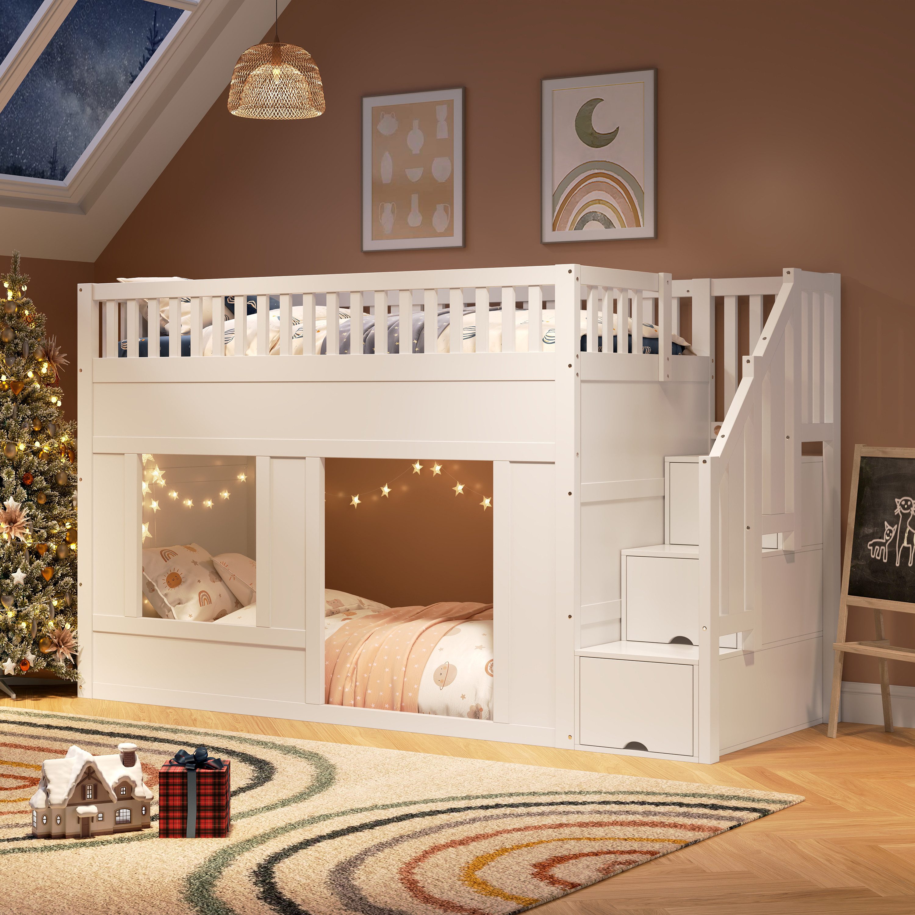 Flieks Hochbett Kinderbett Hausbett 90x200cm mit Stauraumtreppe und Rausfallschutz – Bild 4 von 5