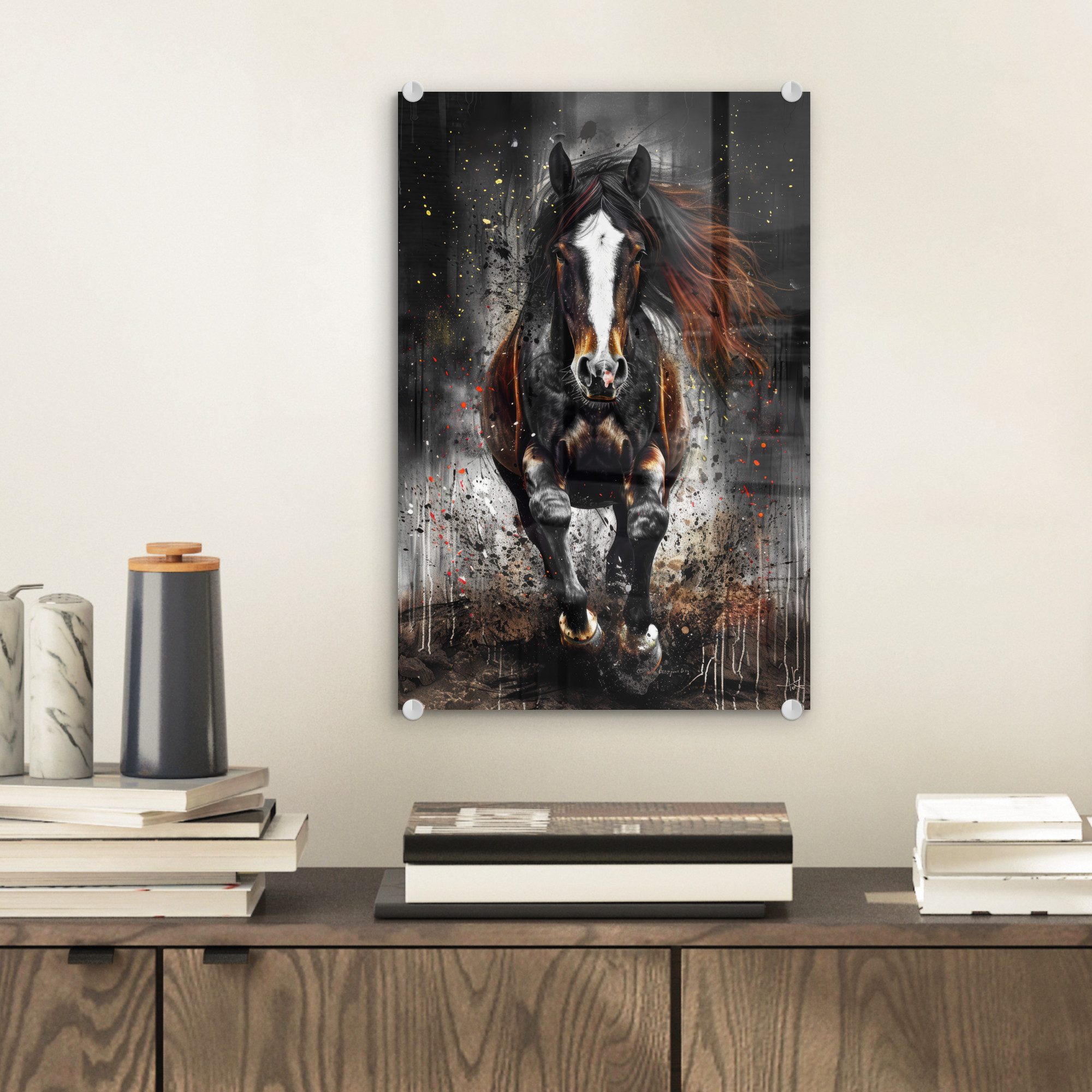 MuchoWow Acrylglasbild Pferd - Tiere - Schwarz - Luxus - Modern, Inkl. Aufhängung, Dekorative Bild für Küche & Wohnzimmer auf Glas, 20x30 cm