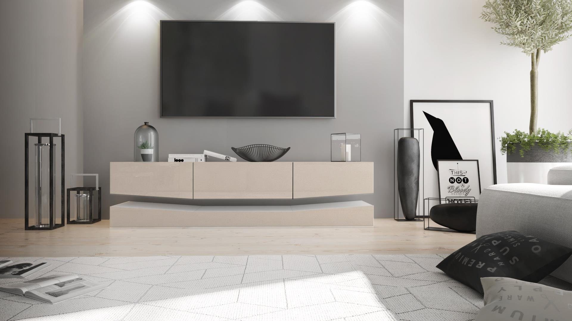 Vladon Lowboard City (TV-Kommode mit Sockelelement, 1 offenem Fach und 3 Schubkästen), Weiß matt/Sandgrau Hochglanz (178 x variabel x 39 cm)