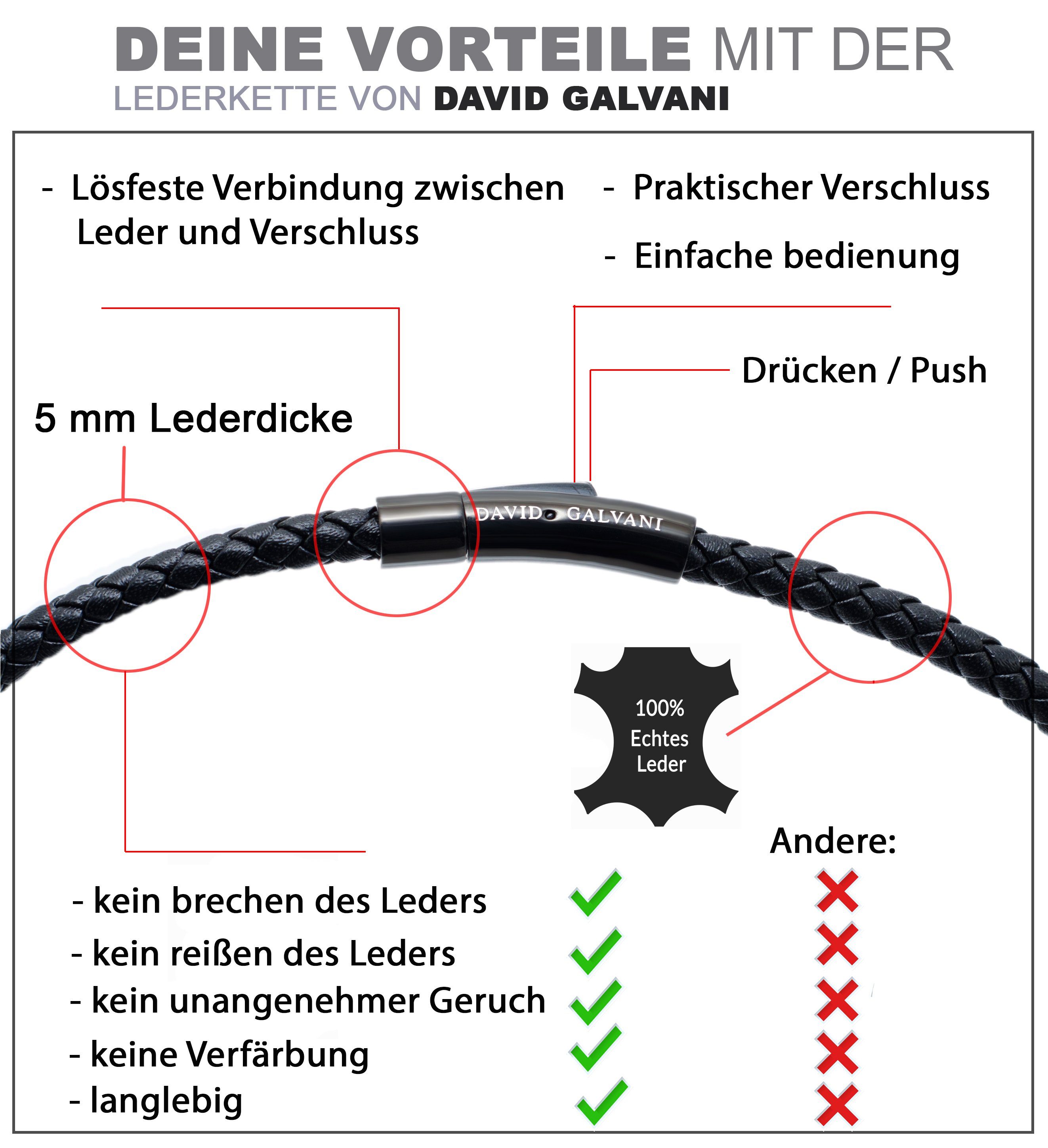 David Galvani Kette Deutschland mit Lederkette Edelstahl in Schwarz Herren mit Beads, Anhänger Handmade