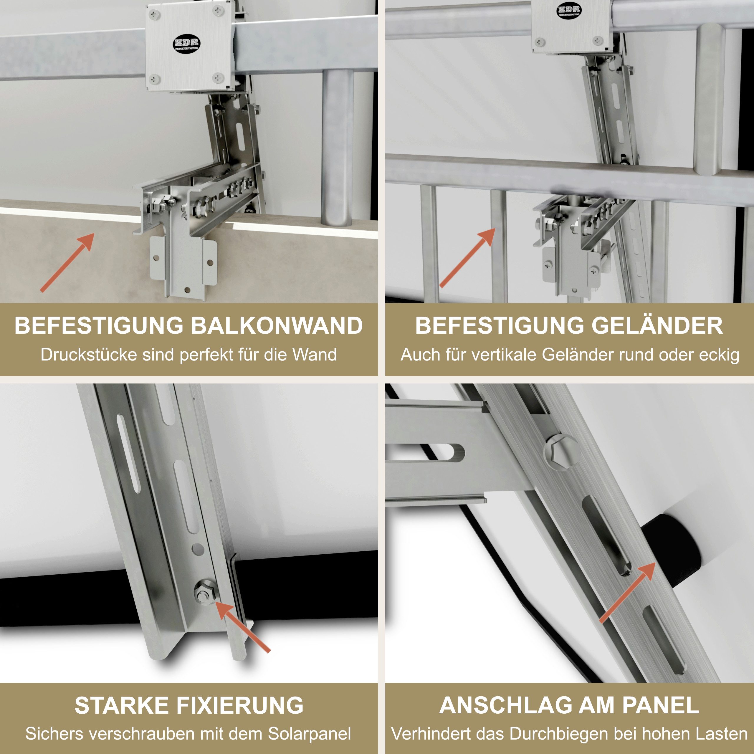KDR Produktgestaltung Balkonkraftwerk Halterung Balkonkraftwerk für das Geländer Halter Solarmodul, 0% MwSt. nach §12 Abs. 3 UStG.