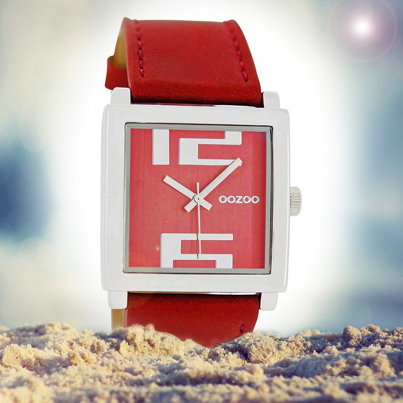 rot, Quarzuhr Lederarmband, eckig, mittel Oozoo Fashion-Style Armbanduhr Damenuhr Damen (ca. OOZOO 34mm)