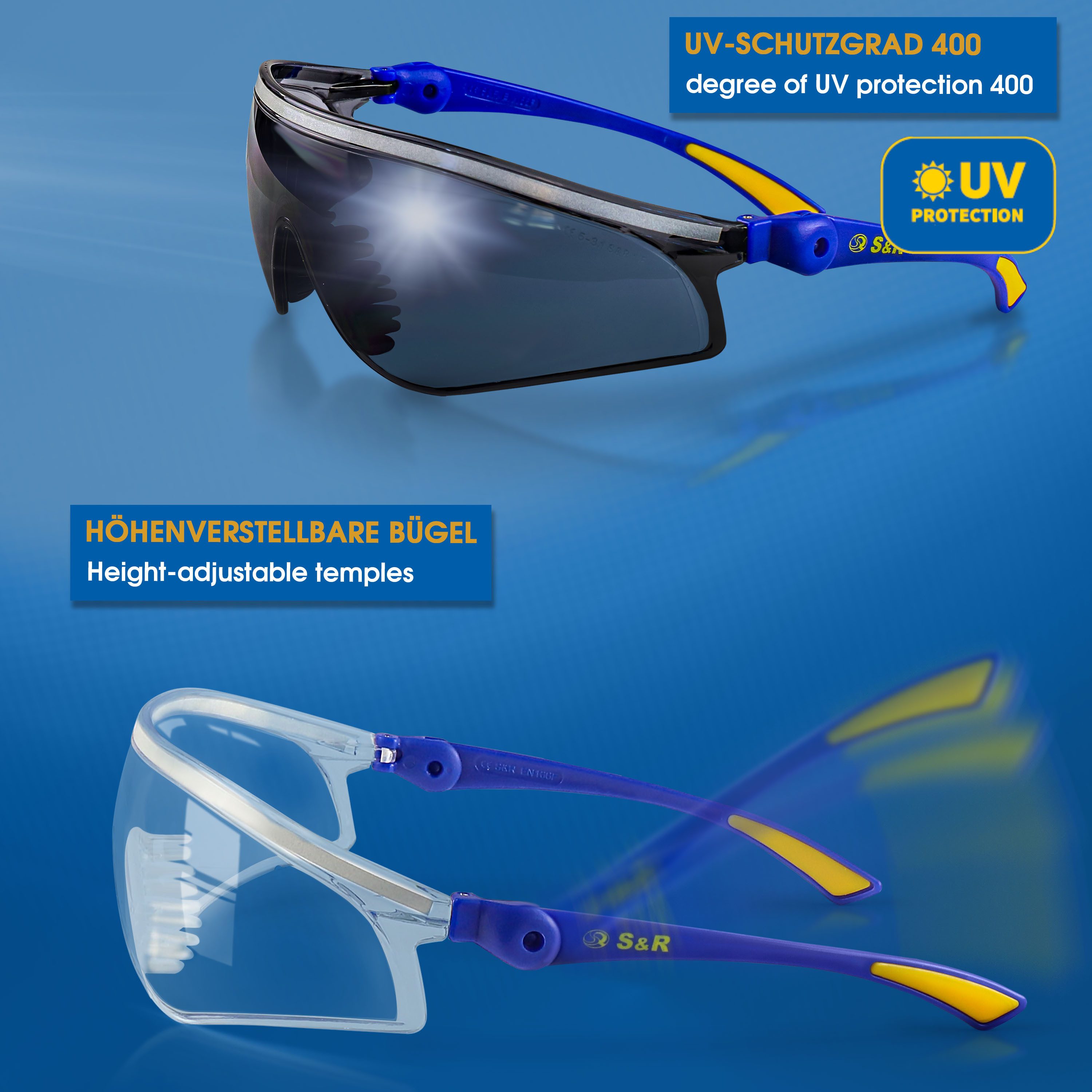 S&R Arbeitsschutzbrille transparente und getönte Sicherheits-Gläser, stoßfest, UV400 Schutz, (2St., 2 tlg. mit einem Reinigungstuch und einer robusten Tasche), verstellbare Bügel, EN 166, Sicherheitsbrillen