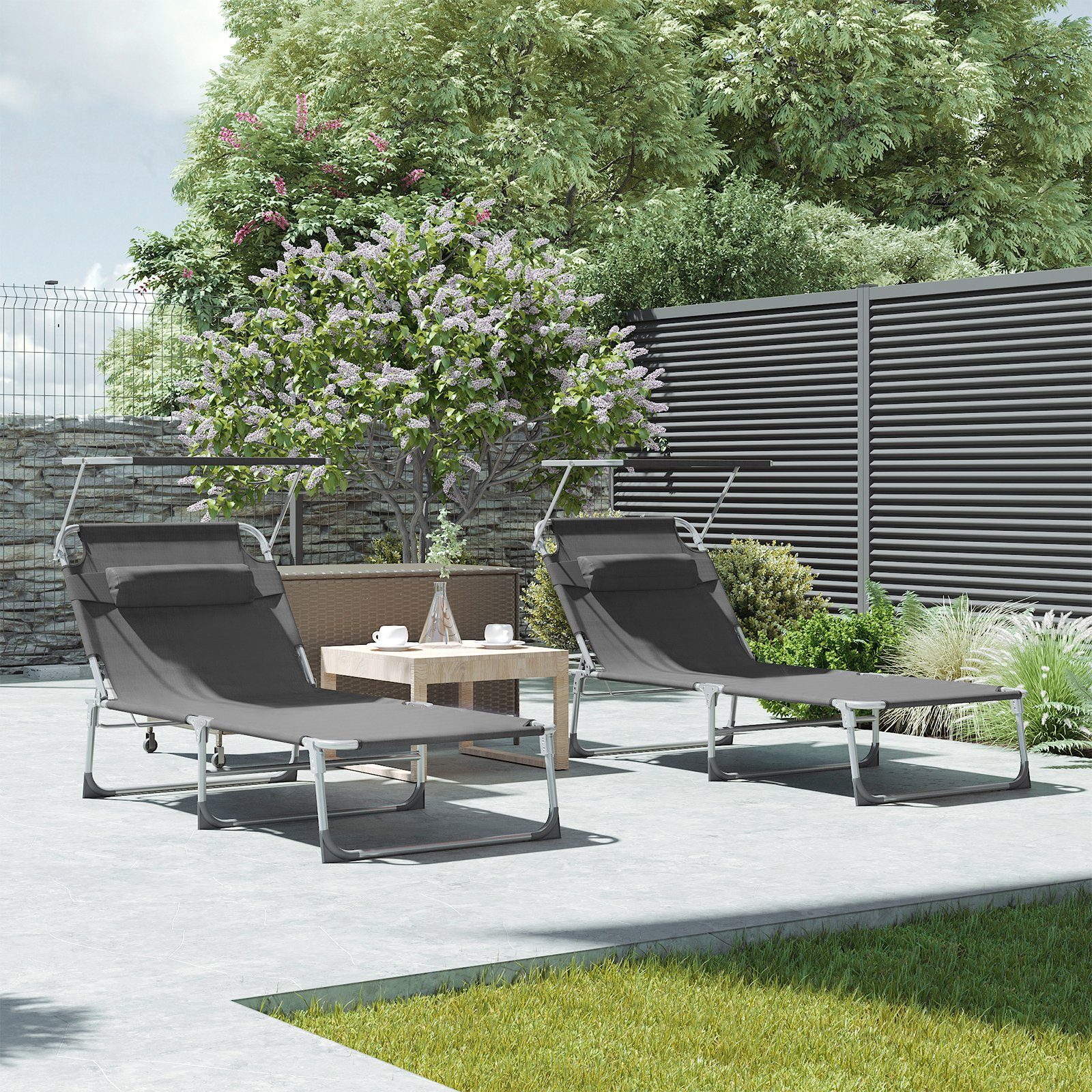 SONGMICS Gartenliege Große Sonnenliege, 1 St., mit Sonnenschutz, Kopfstütze und verstellbarer Rückenlehne, bis 150 kg