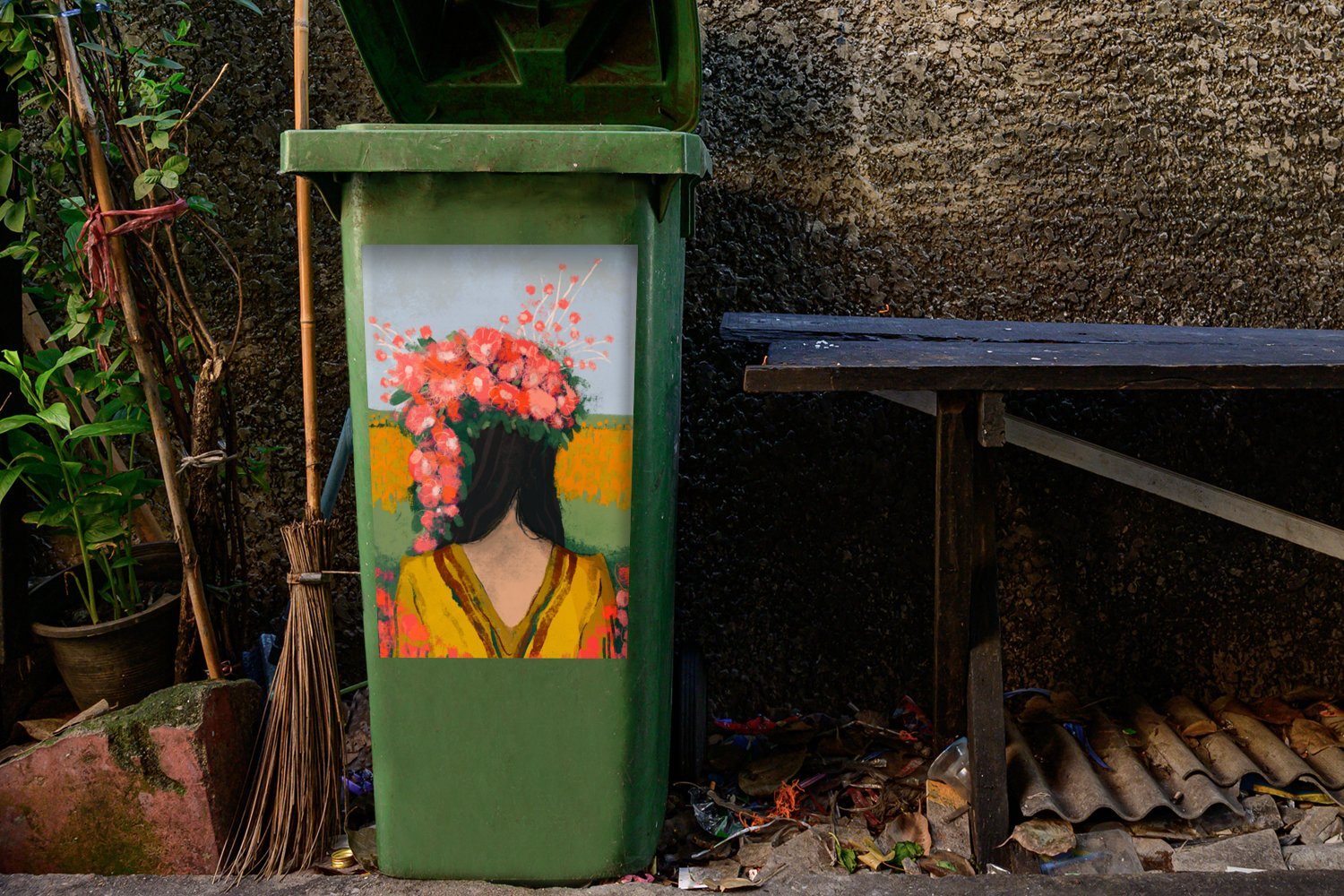 Container, Frau Rot MuchoWow - Blumen Abfalbehälter (1 Sticker, - - Mülltonne, Porträt Wandsticker St), Mülleimer-aufkleber,