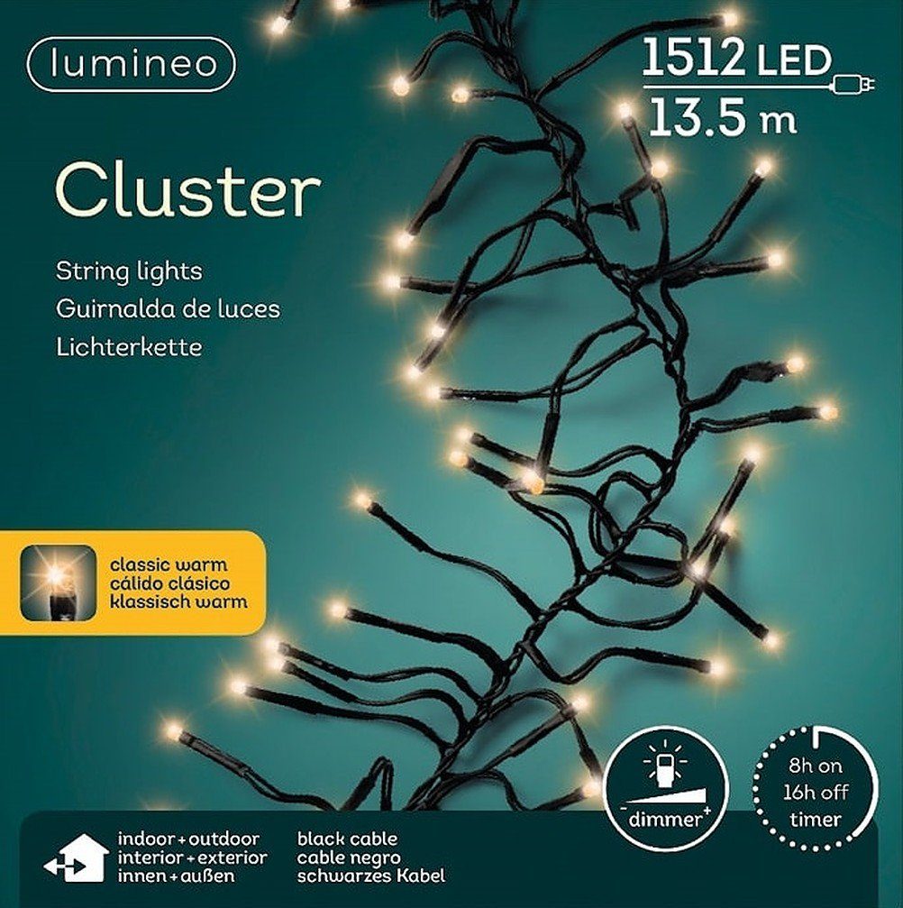 Lumineo LED-Lichterkette Lumineo Lichterkette Cluster 1512 LED 13,5 m klassisch warm, schwarz, Dimmbar, Timer, Indoor, Outdoor