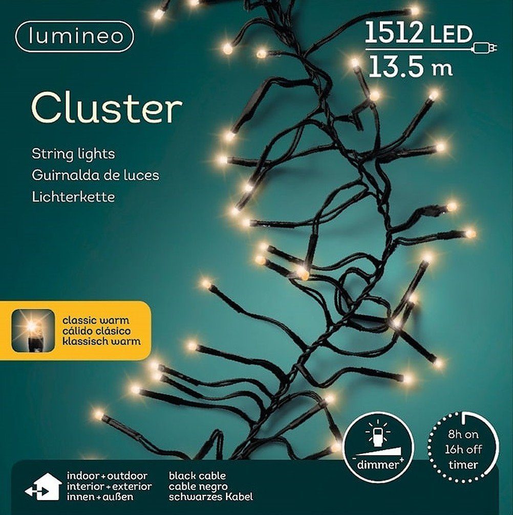 LED-Lichterkette Lumineo Lichterkette Cluster 1512 LED 13,5 m klassisch warm, schwarz