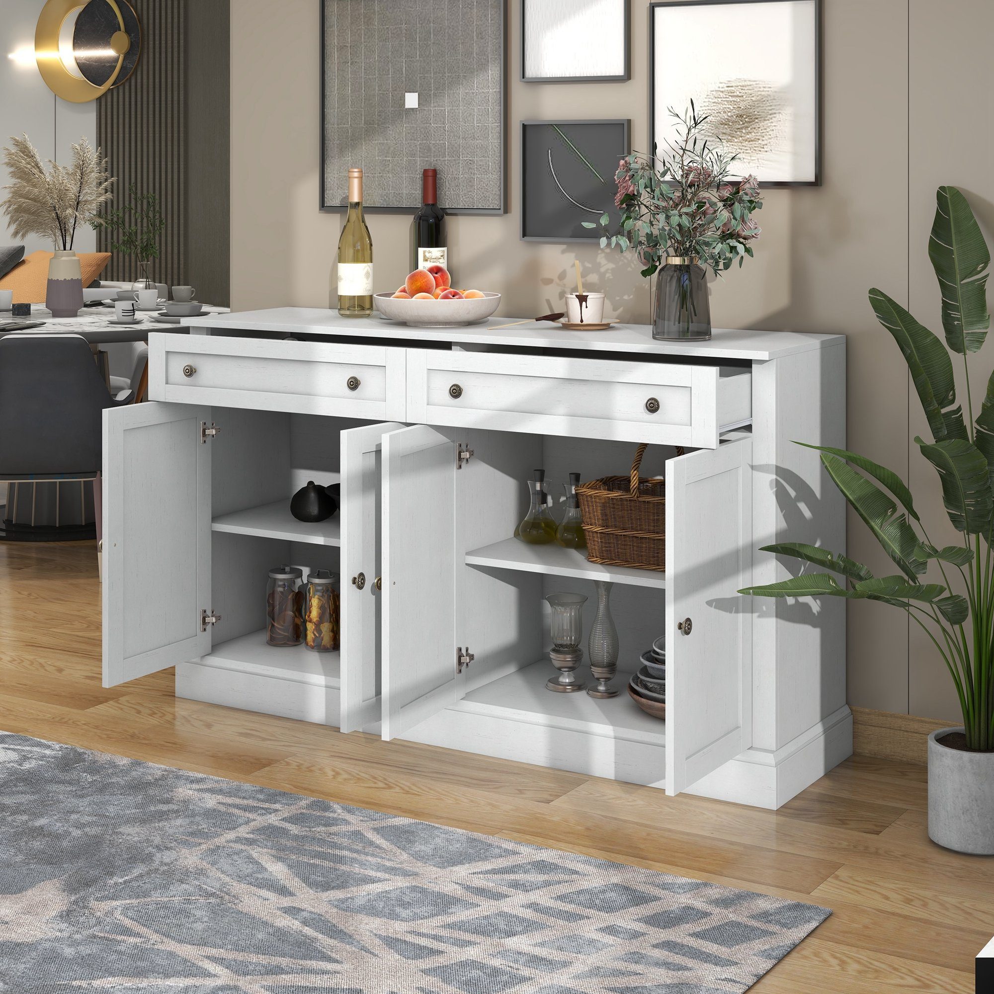 WISHDOR Anrichte Großes Küchenschrank mit 4 Türen und 2 Schubladen, Sideboard (150 x 86 x 40 cm (L/B/H), moderner Buffetschrank für Esszimmer und Wohnzimmer)