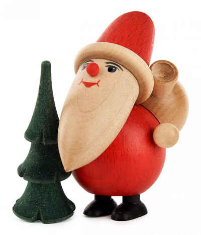 Dregeno Erzgebirge Weihnachtsfigur Miniatur Weihnachtsmann mit Baum H=9cm NEU, mit Geschenkesack und Weihnachtsbaum