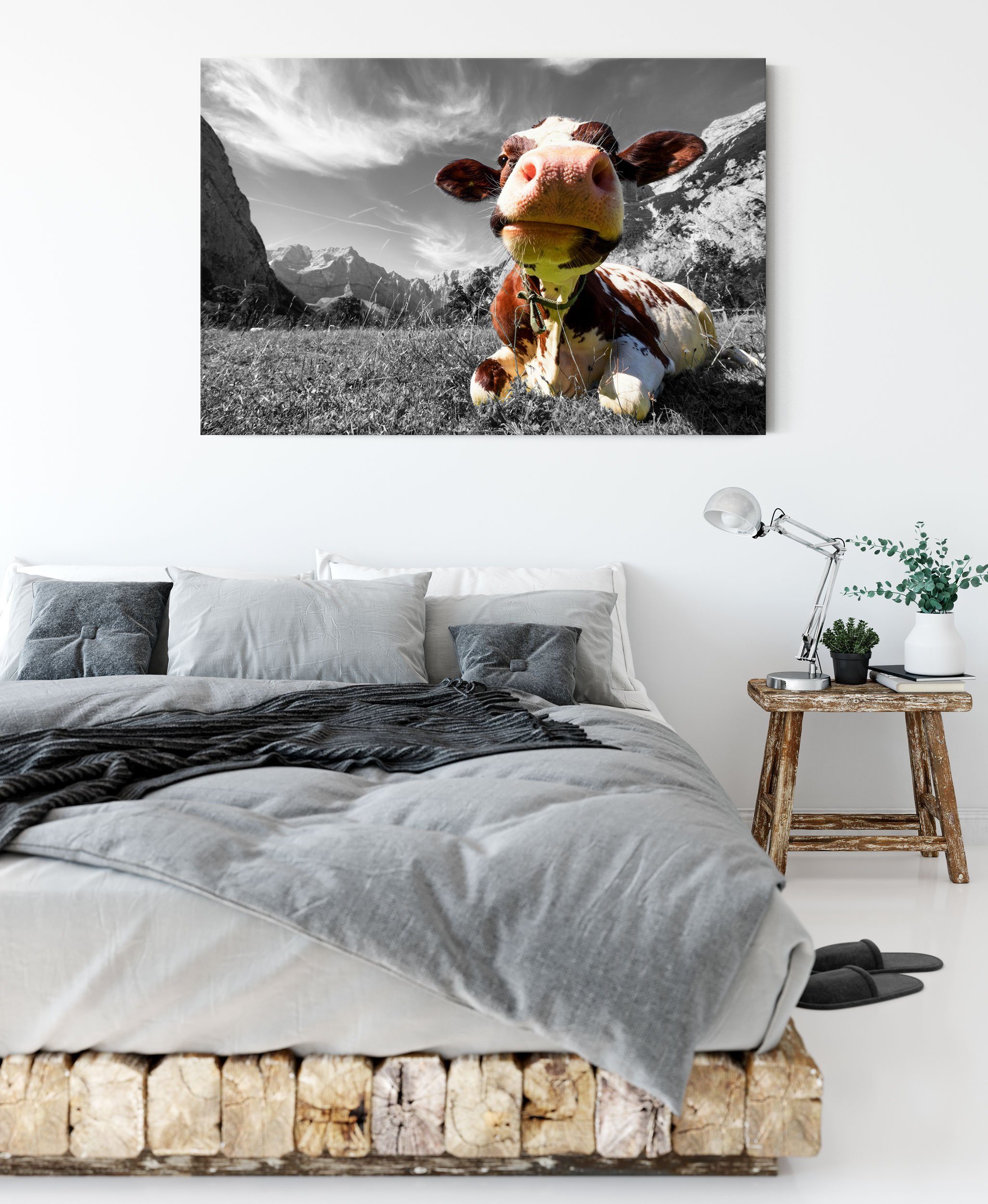St), Leinwandbild Karwendelgebirge, Kuh im Karwendelgebirge fertig bespannt, im Pixxprint (1 Leinwandbild inkl. Kuh Zackenaufhänger