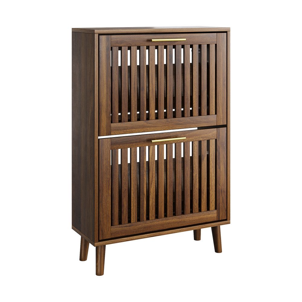 BBWL Schuhschrank 60 cm Walnuss freistehend MDF Klappschubladen Mid Century Stil Schuhschrank Flur Eingangsbereich Stauraum