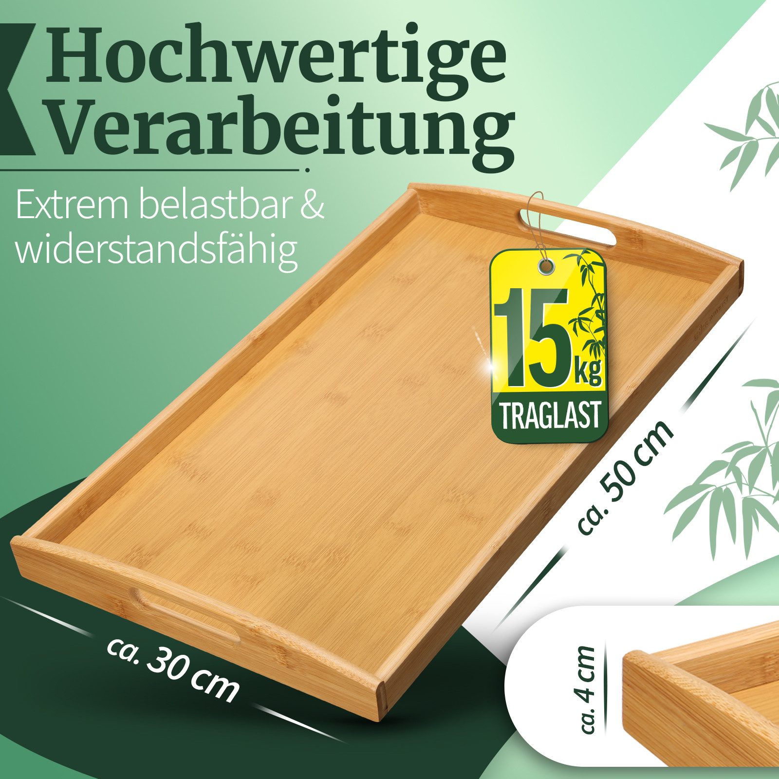 HEIMWERT Tablett Tablett Serviertablett Bambustablett, Bambus, besonders stabiles und leichtes Holztablett mit Griff