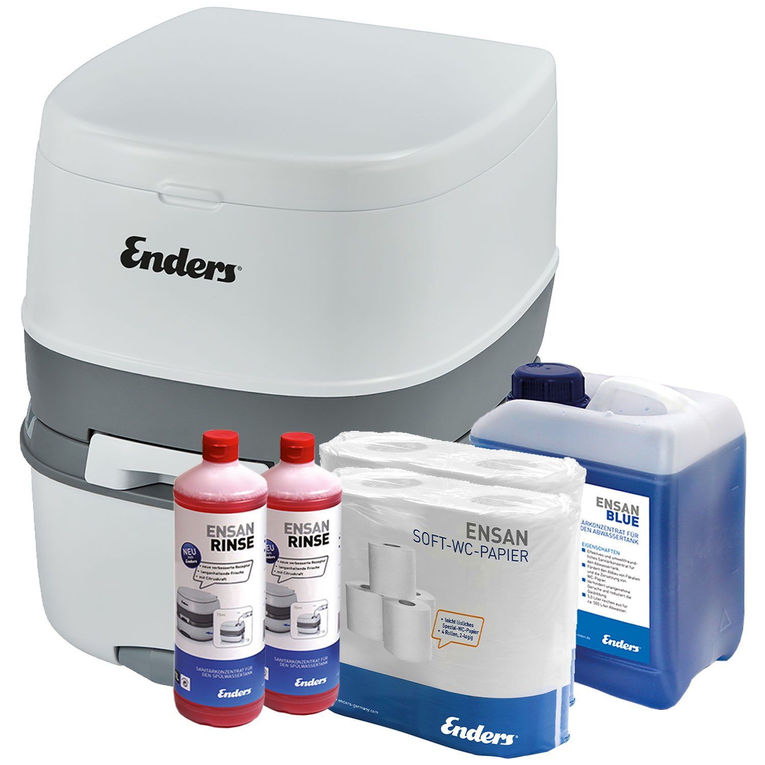 Enders® Campingtoilette Starter Set Blue XL Supreme, (Spar-Set, inkl. 2L RINSE + 5L BLUE + 8 Rollen selbstauflösendes Туалетиpapier), integrierter Papierhalter, Belüftungstaste, Deckel + Brille abnehmbar