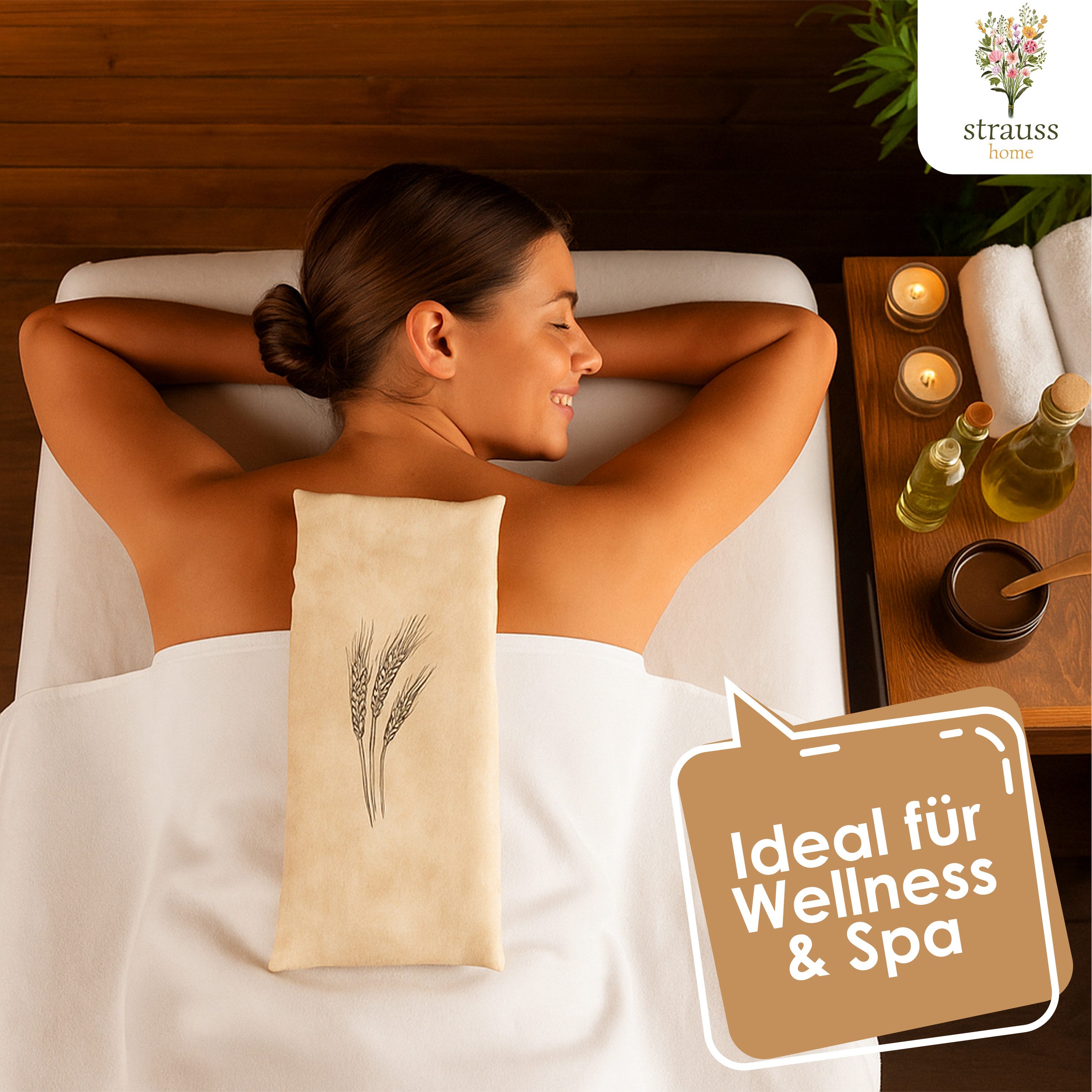 Strauss Home Large Heated Grain Pillow – Microwaveable, Natural Wheat Grains (1 piece), for neck tension and more – Removable cover