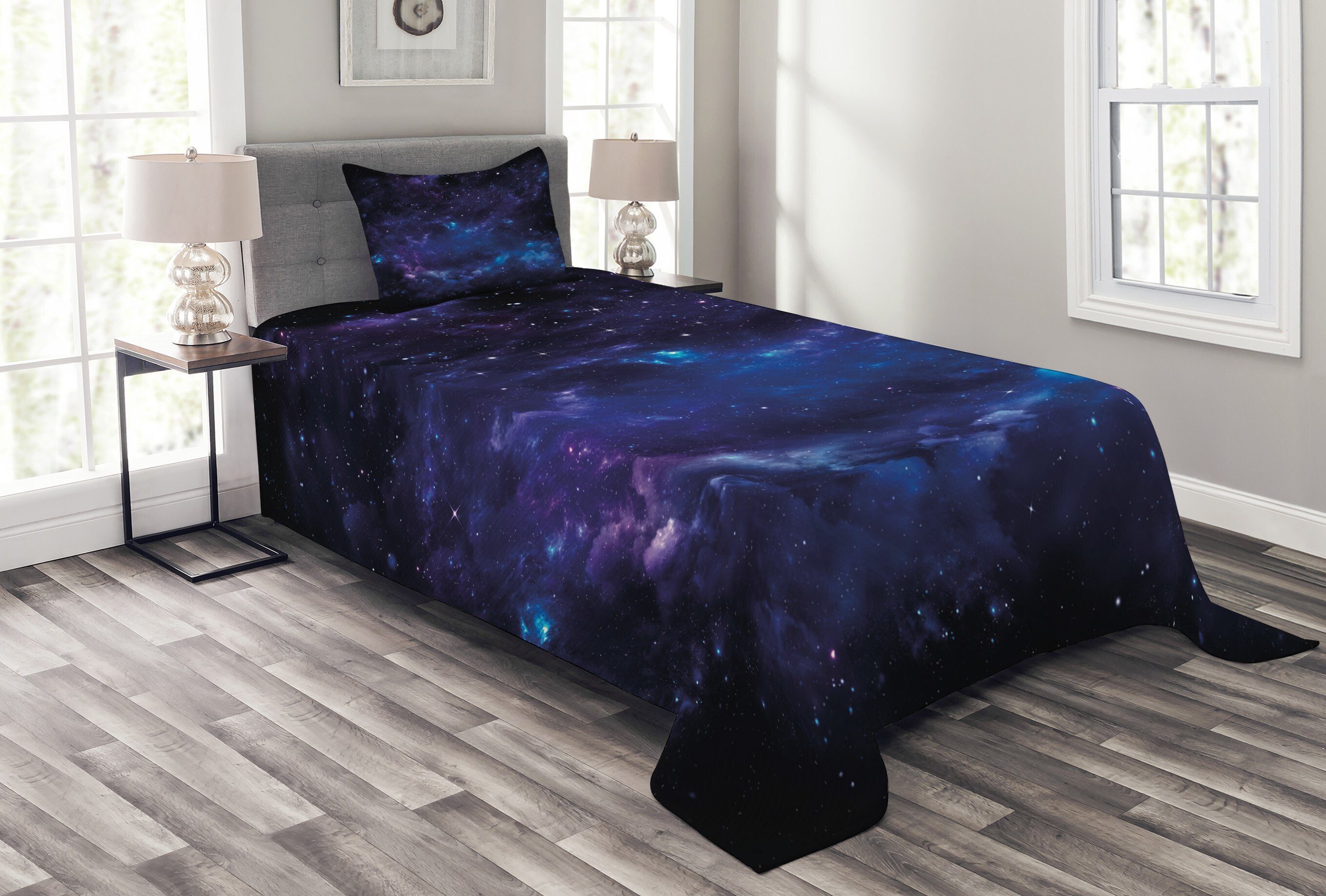 Tagesdecke Set mit Waschbar, Kissenbezügen Himmel Raum Illustration Galaxy Abakuhaus