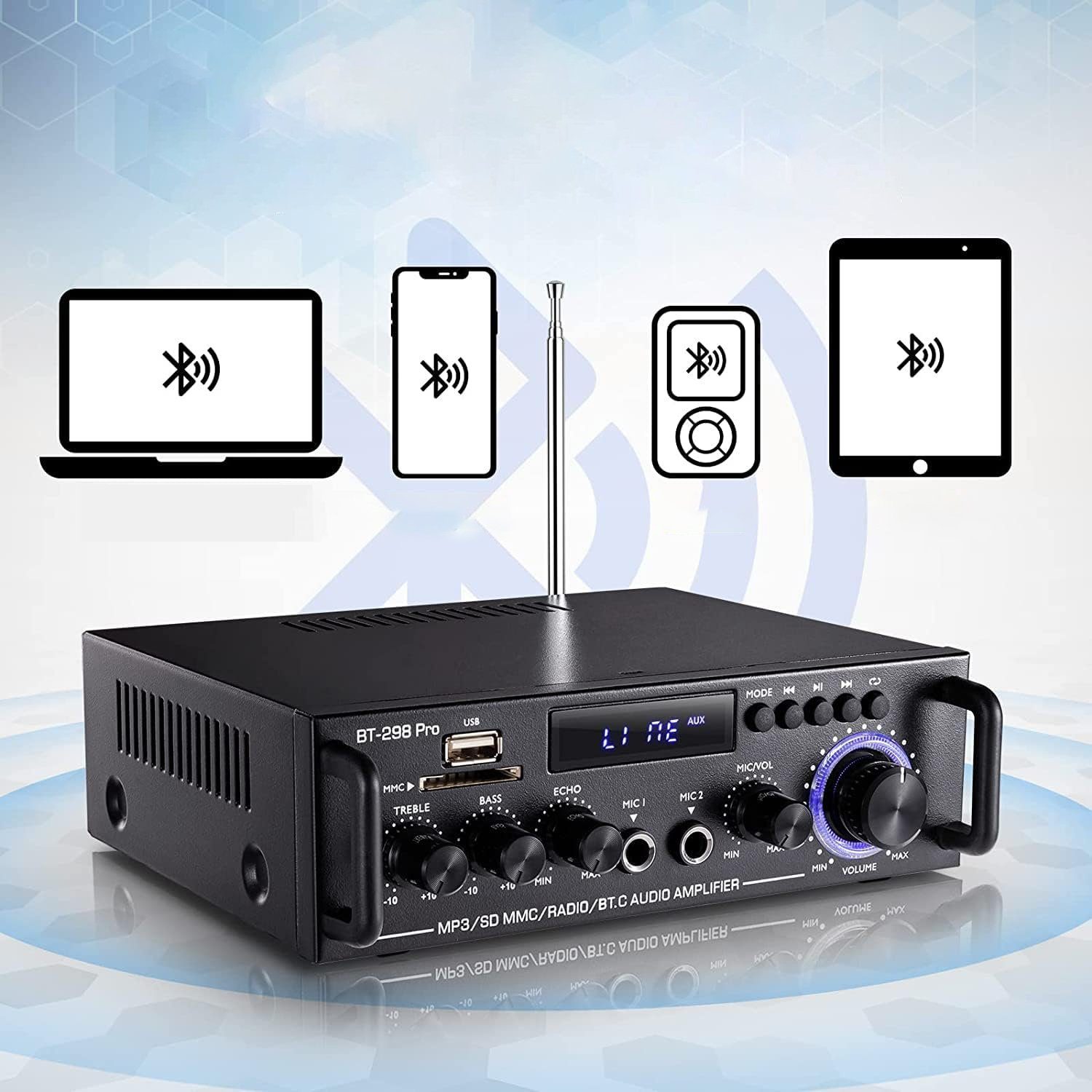 Max. 2.0-Kanal HiFi 5.0 Verstärker Mini AKKEE Ausgangsleistung Verstärker (Bluetooth 50W+50W 600W Audio Stereo Leistungsverstärker-Empfänger)