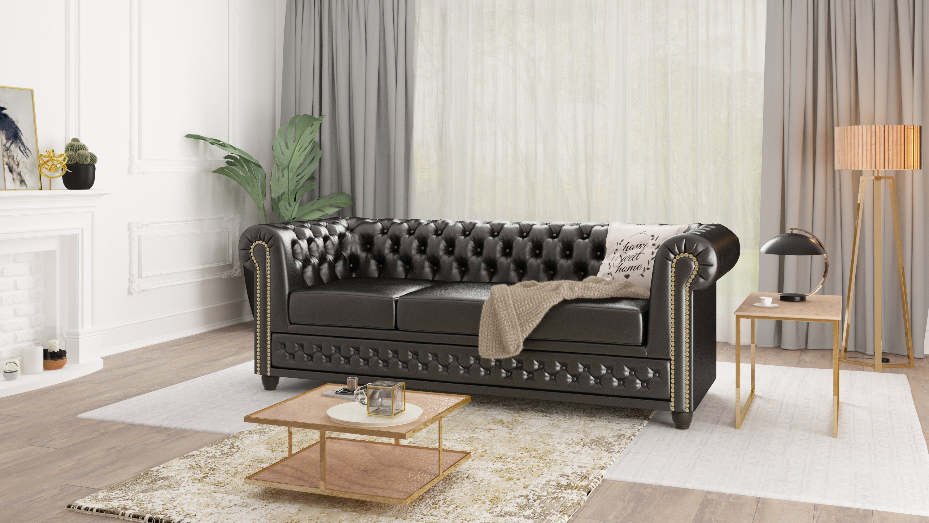 Wellenfederung mit Möbel x Schwarz 3-Sitzer, 203cm Chesterfield-Sofa Bettfunktion, S-Style mit T 86cm B x H Jeff, 72cm,