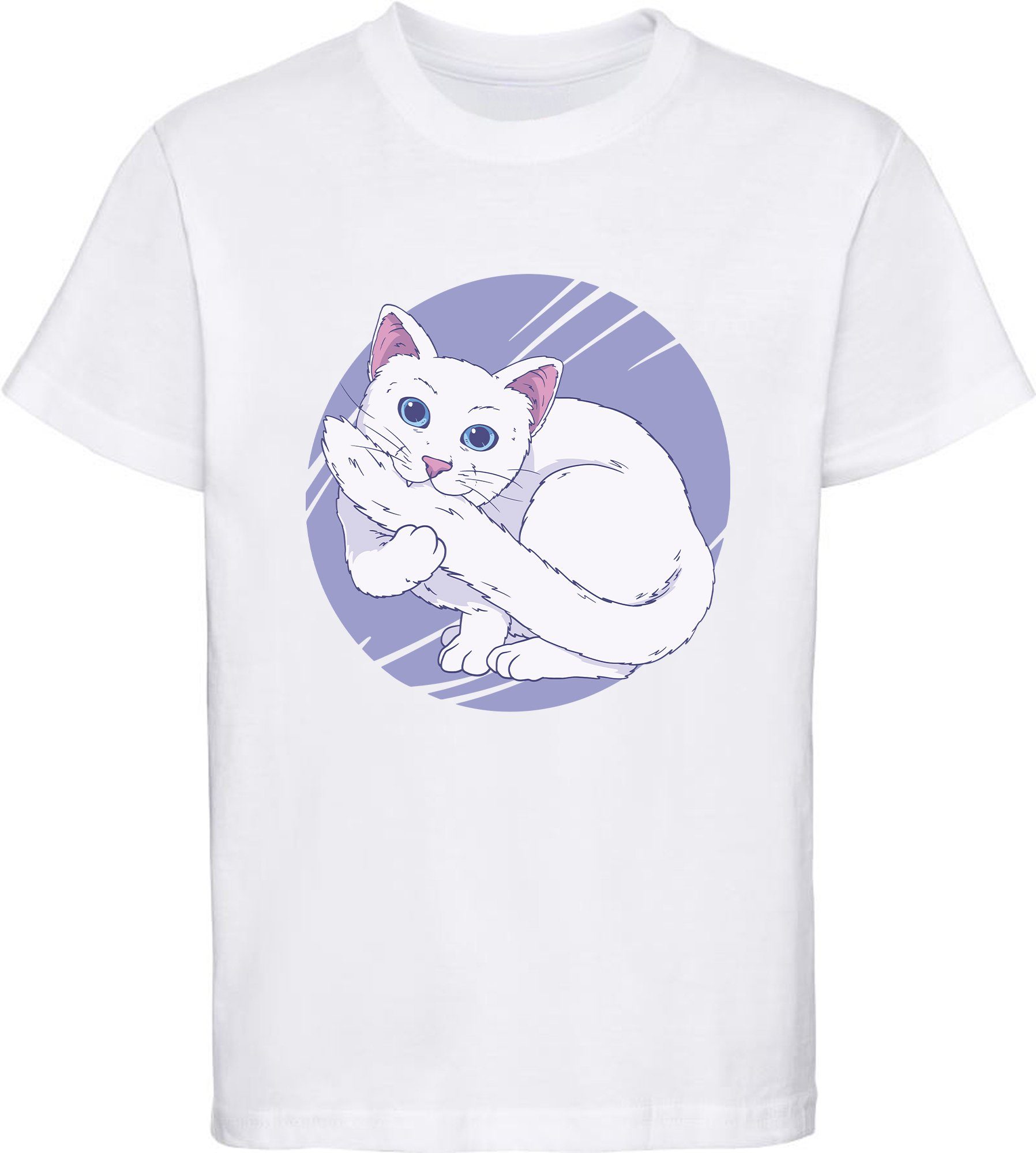 MyDesign24 Print-Shirt bedrucktes Mädchen T-Shirt weiße Katze die in Ihren Schwanz beißt Baumwollshirt mit Aufdruck, weiß, schwarz, rot, rosa, i127 weiss