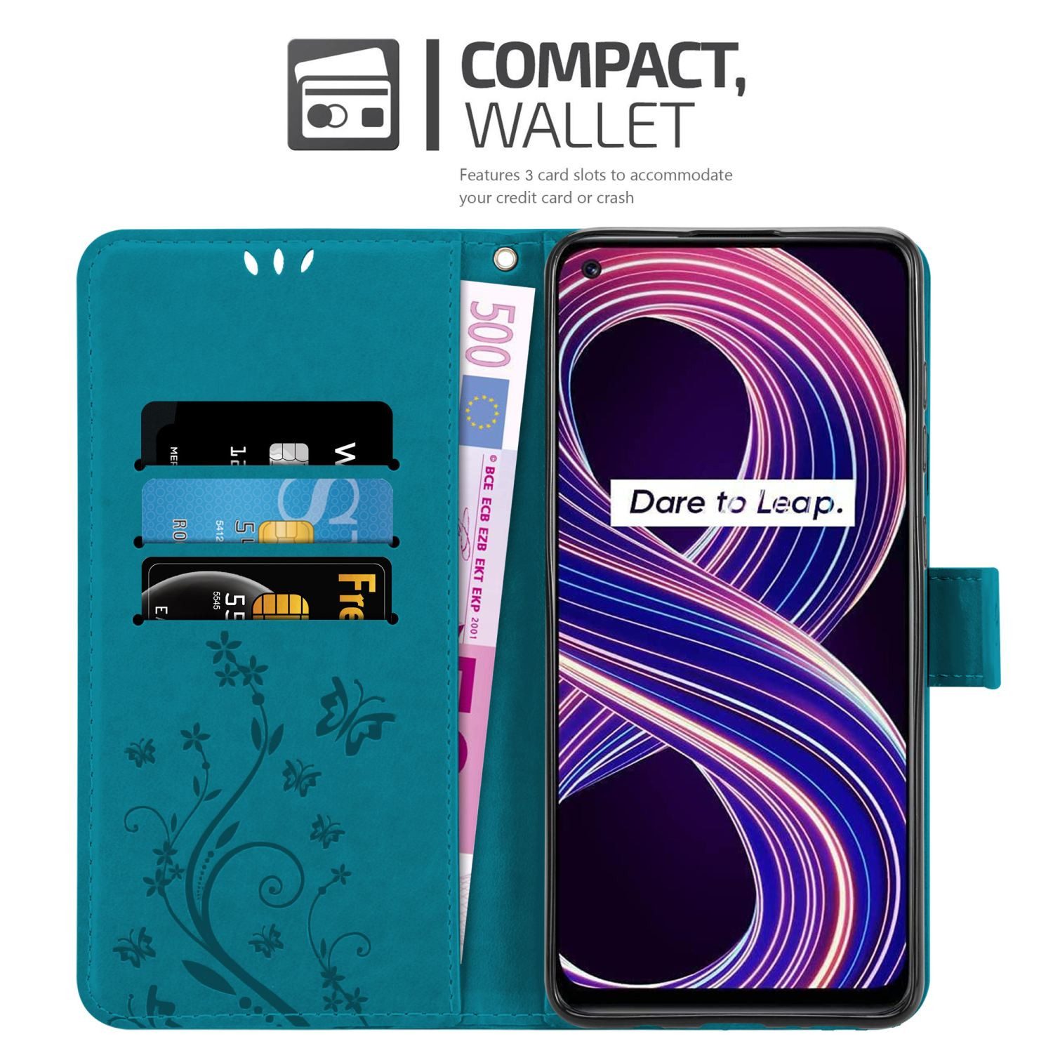 Cadorabo Handyhülle für Realme 8 5G / V13 / Q3 / Q3i / Narzo 30 5G Hülle Realme 8 5G / V13 / Q3 / Q3i / Narzo 30 5G, Hülle Schutzhülle Blumen Flower mit Standfunktion Kartenfach Magnet