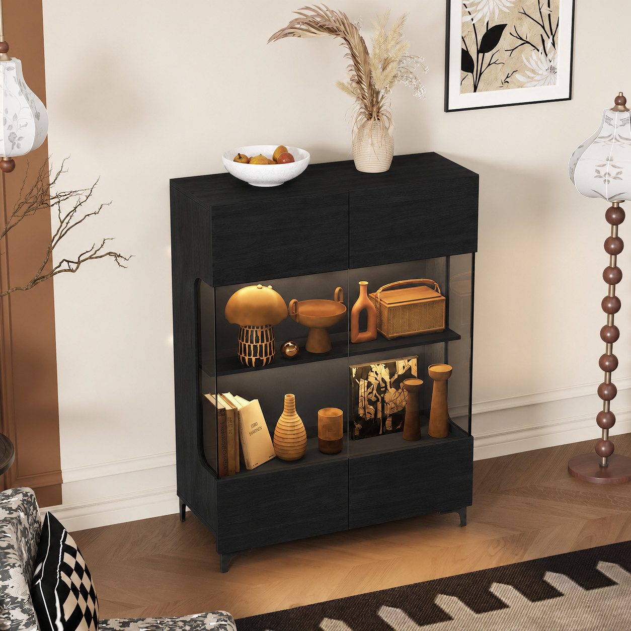 FUFU&GAGA Glasvitrine 115cm hoch, Vitrinenschrank mit LED und Glastüren