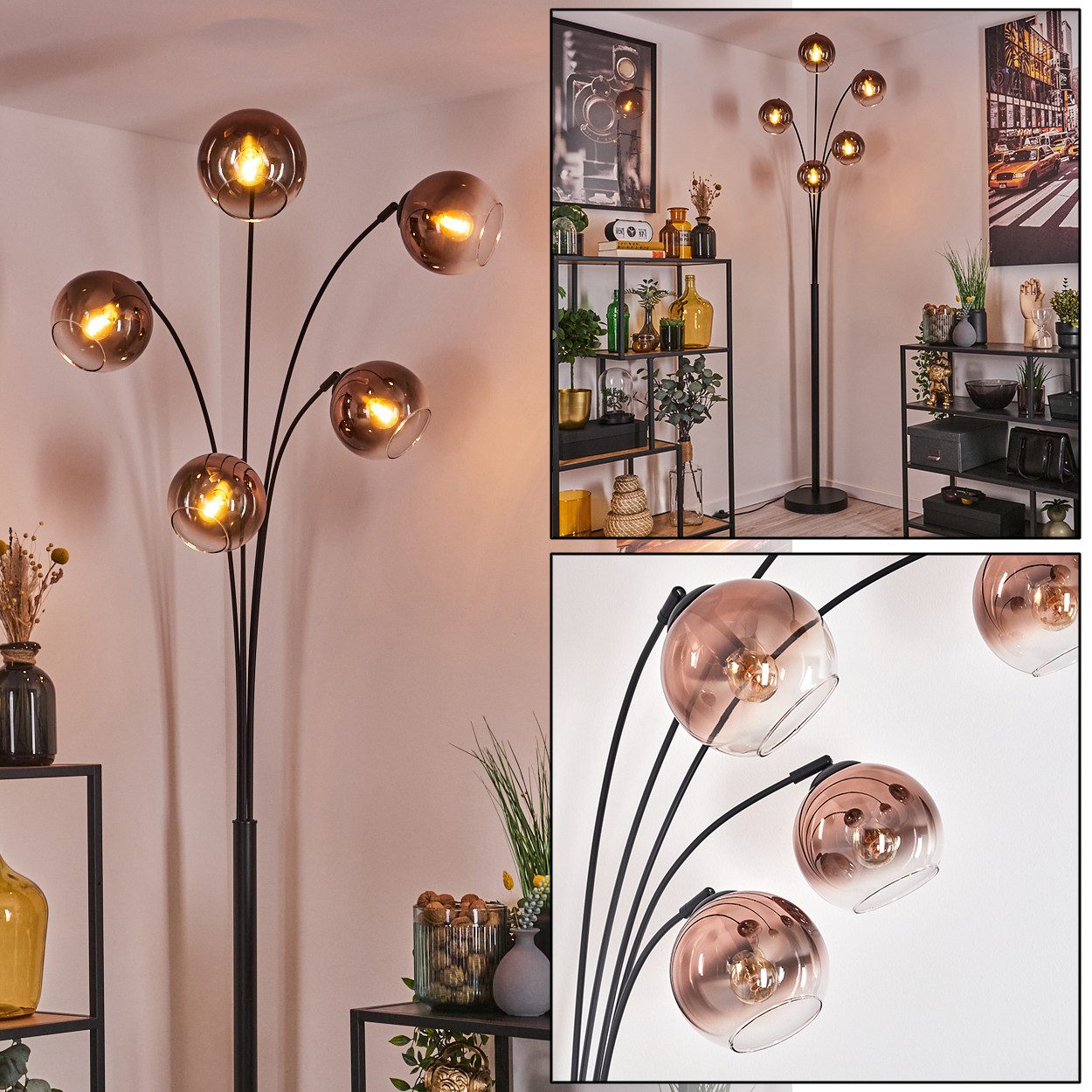 hofstein Stehlampe Stehlampe aus Metall/Glas in Schwarz/Kupfer/Klar, ohne Leuchtmittel, mit Glasschirmen(15 cm) u. Fußschalter, 5 x E14, ohne Leuchtmittel