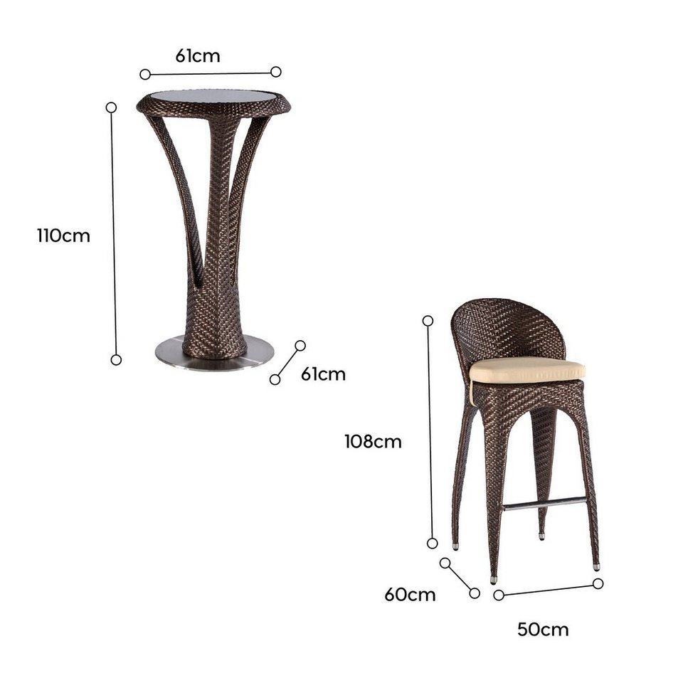 Thumbnail - wuuhoo Terrasse Edle Polyrattan Garten Bar 2er Set Kreta, Designer Bartisch mit Barstuhl incl. Kissen in braun