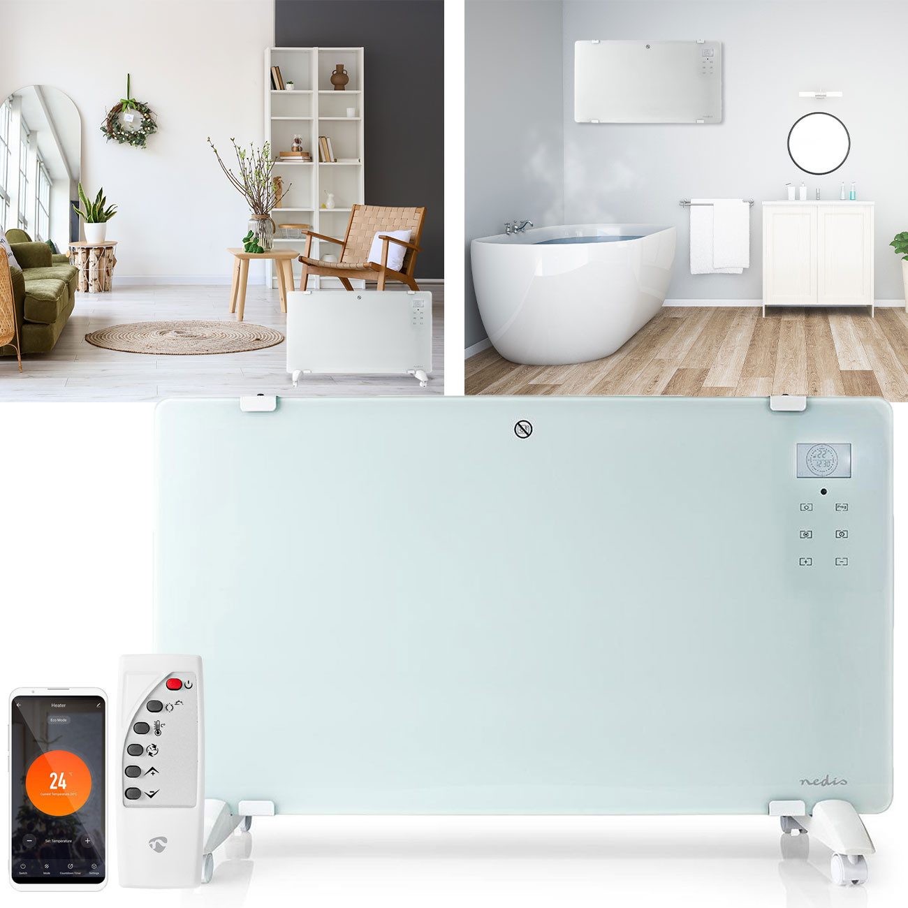 Nedis Konvektor WLAN-Konvektorheizung 2000W, Smart-App, Glasfront & IP24 in Weiß, Smart-App, Glasfront, IP24 Bad, Alexa & Rollen, 15 °C bis 35 °C