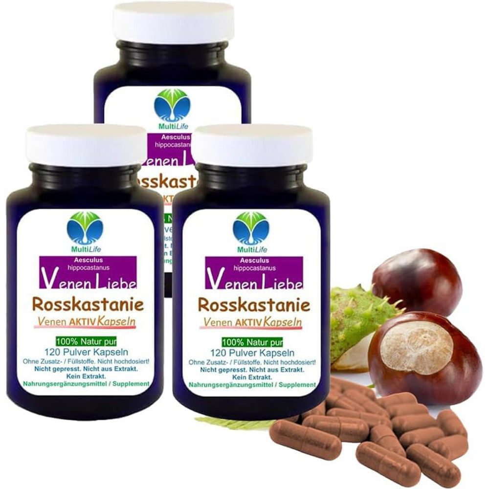VitalLife Rosskastanie Venen AKTIV "Stützstrümpfe von Innen" OHNE Zusatzstoffe Kapseln, 3 er Dose à 120 St., 198 g