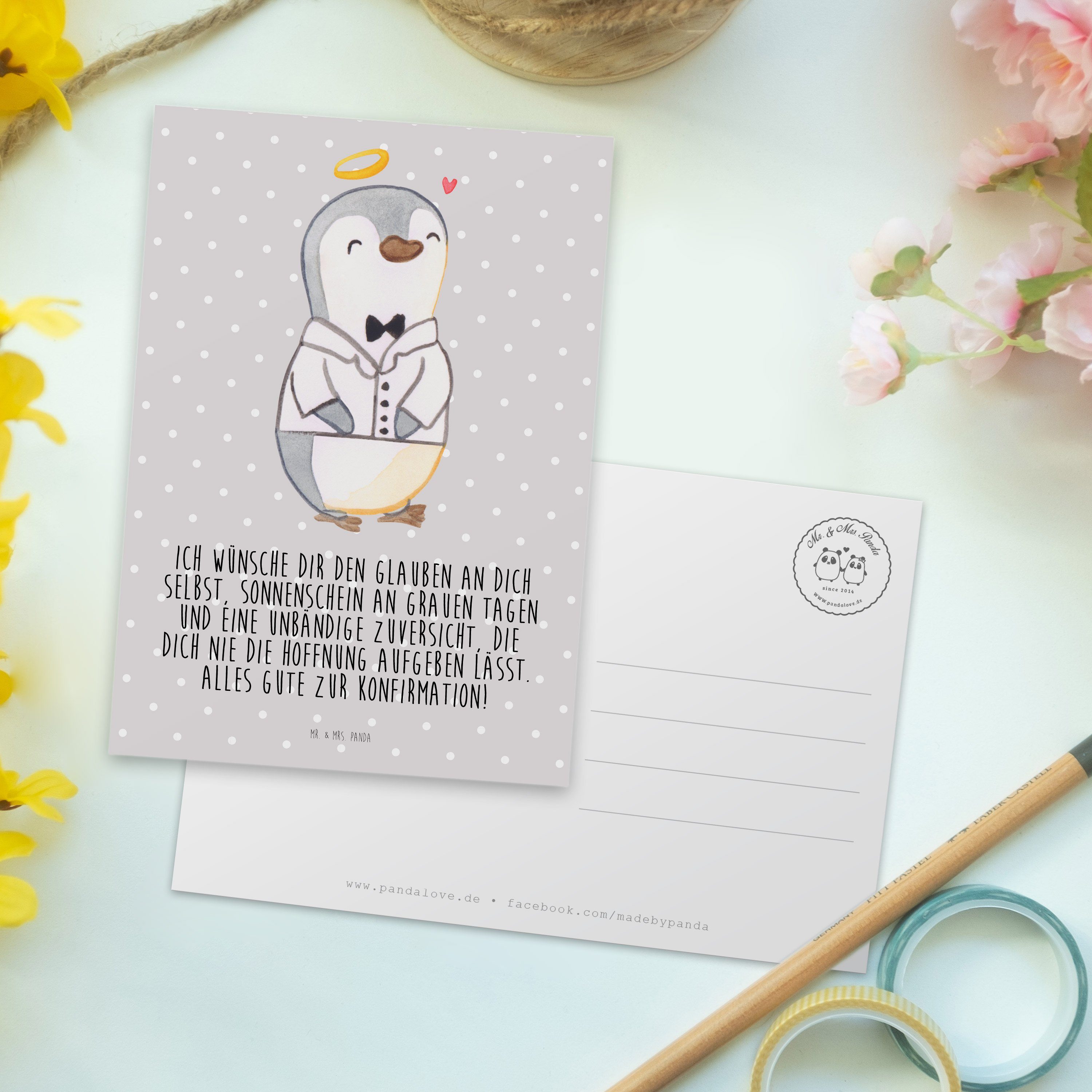 - Mr. & Postkarte Panda Pinguin Hemd Pastell Einladungskarte Konfirmation - Geschenk, Mrs. Grau