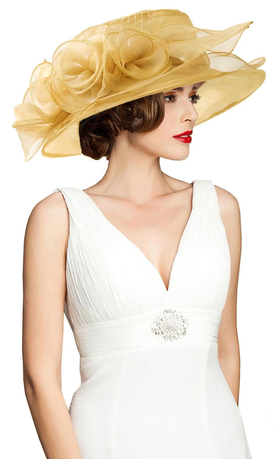 Bwecuy Sonnenhut Damenhut mit breiter Krempe, Blumen- und Blattdekor ideal für Hochzeit, Kirche und Tea Party – Bild 5 von 5
