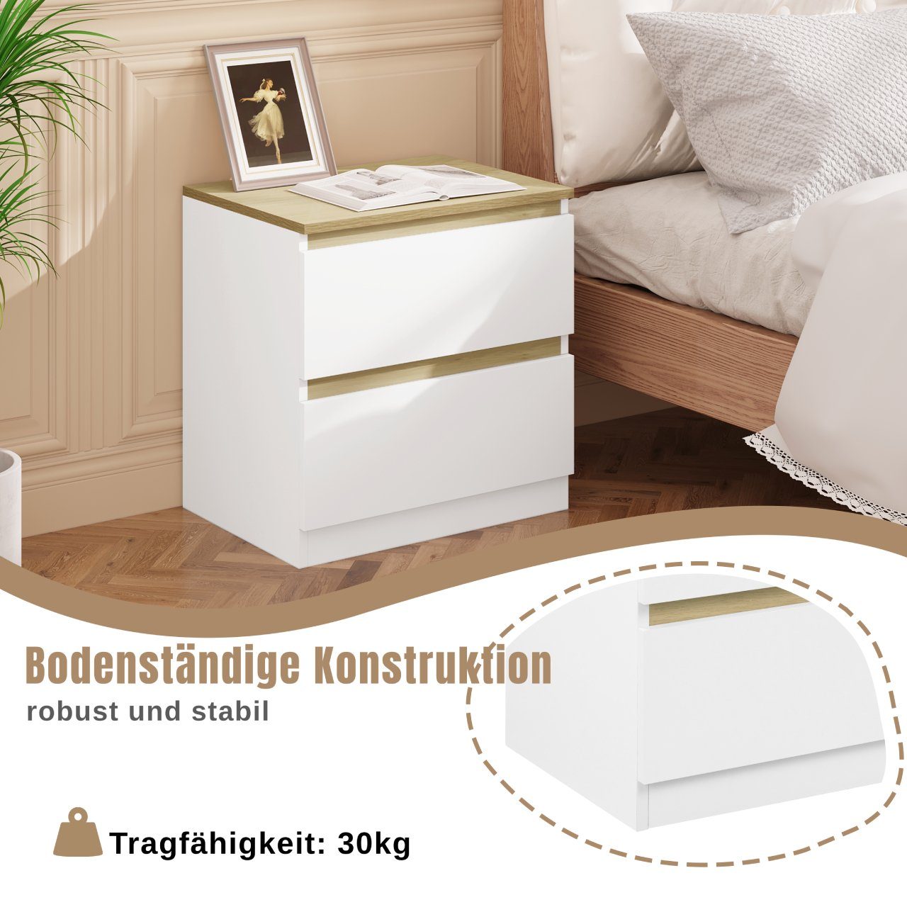 Woltu Nachtschrank (2-St) Nachttisch mit 2 Schubladen aus Holz