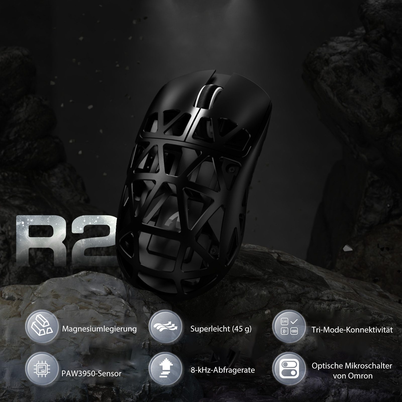 ATTACK SHARK R2 Kabellose Gaming-Maus aus Magnesiumlegierung, 8KHz, 48g Gaming-Maus (2.4G, Bluetooh, USB-C, PixArt PAW3950-Sensor,48g,8000hz,Magnesiumlegierung) – Bild 2 von 5