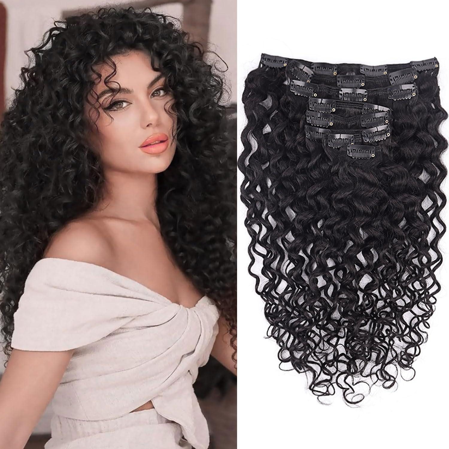 LuxusKollektion Echthaar-Extension Haarverlängerung Kinky Curly Clip in 22 INCH Natürliches Schwarz-JC