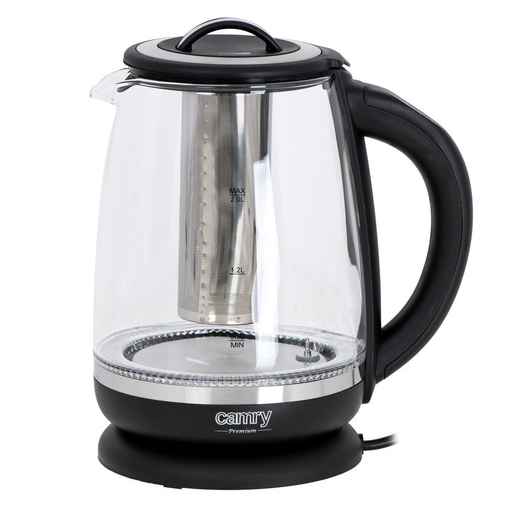 Camry Wasserkocher CR 1290b Glaswasserkocher mit Temperaturwahl, 2 l, 2200 W, Teesieb, Warmhaltefunktion, LED Beleuchtung, Glas Teekocher, Schwarz