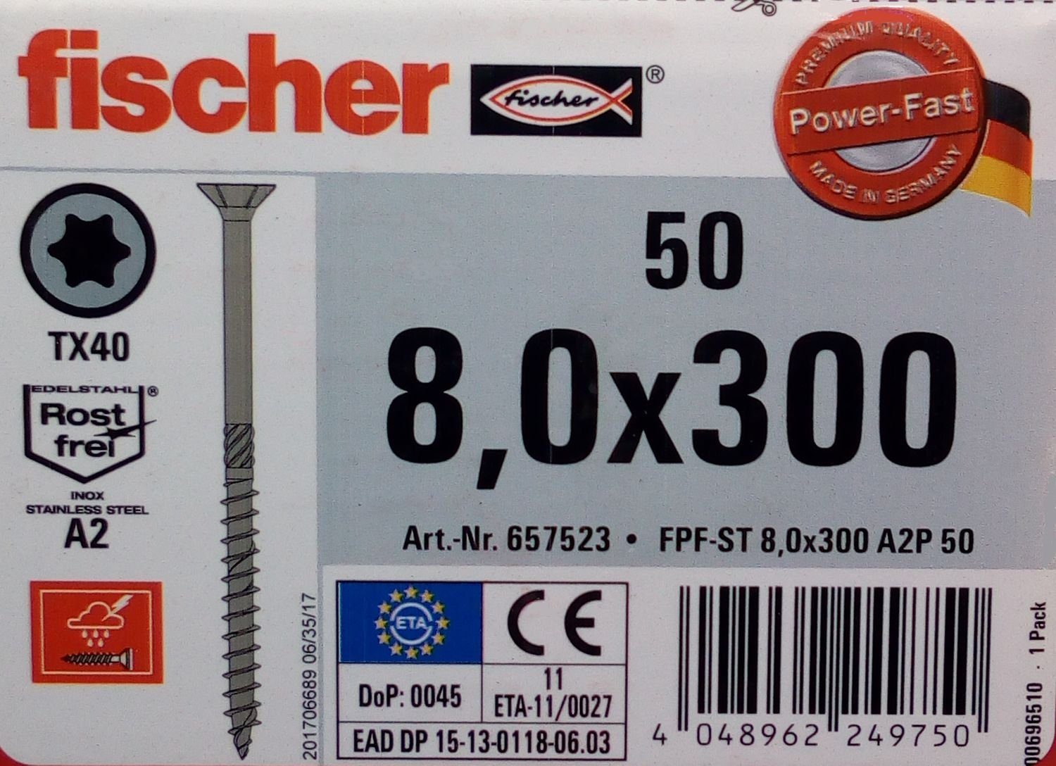 Thumbnail - Fischer Befestigungstechnik Spanplattenschraube 50x fischer Holzschraube 8,0x300 Edelstahl A2 TX Senkkopf Teilgewinde, (...