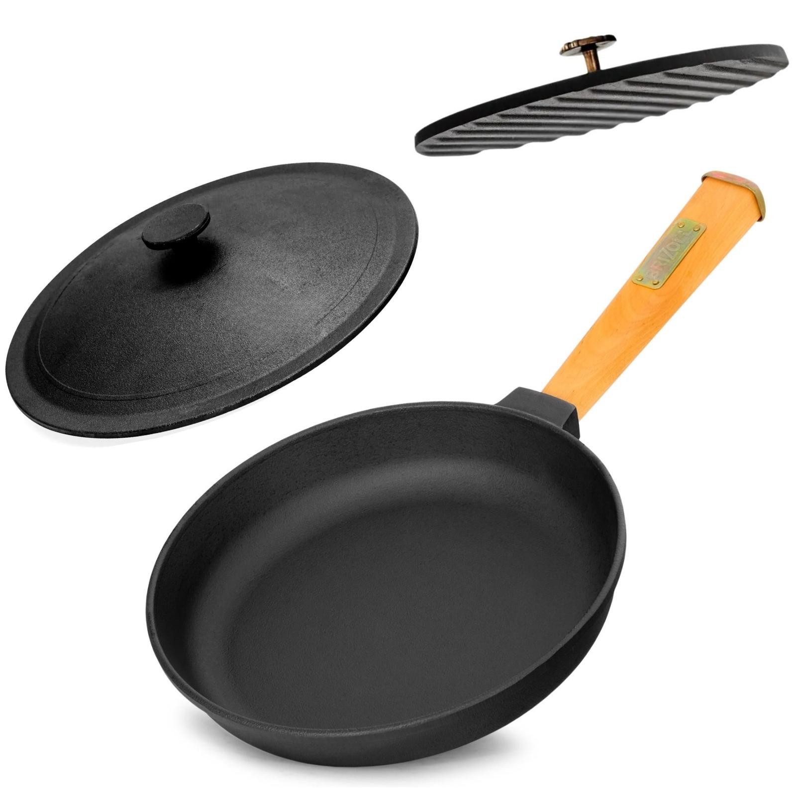 BIG-PAN Bratpfanne Ø22cm Pfanne Holzgriff Deckel Grillpresse Gusseisen Bratpfanne, Gusseisen