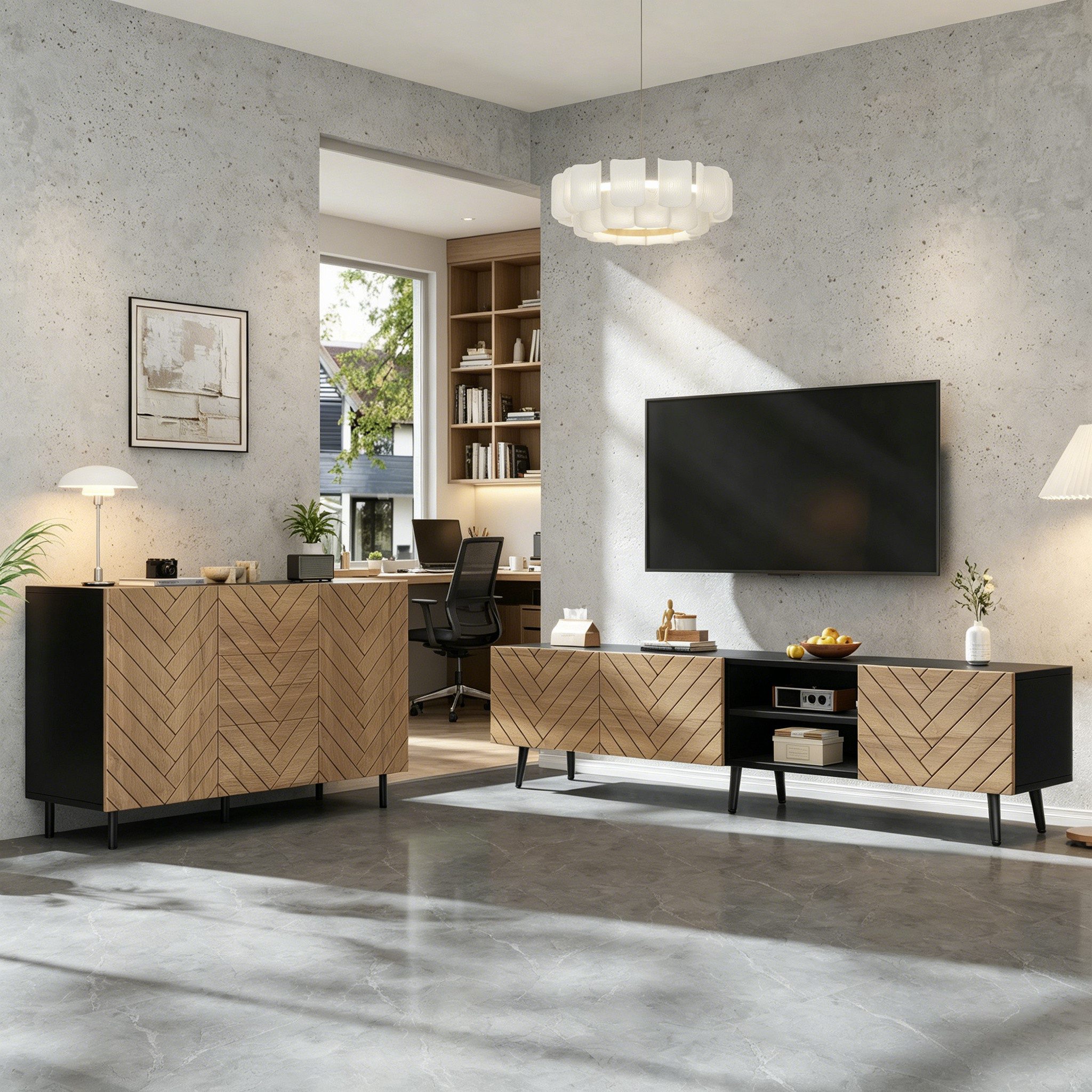 Merax Wohnzimmer-Set Wohnwand Kombination, (2-St), TV Bank & Sideboard Set mit Schubladen und Türen, Holzoptik/Schwarz