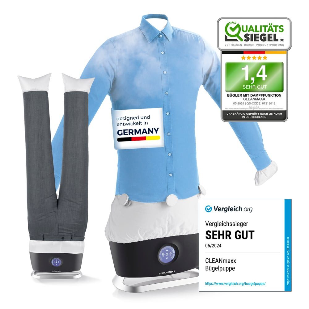 CLEANmaxx Bügelsystem PRO STEAM, automatischer Hemdenbügler + Hosenaufsatz, 1800 W, schnell faltenfreie Kleidung ohne Bügeleisen Bügelbrett für Hemden etc