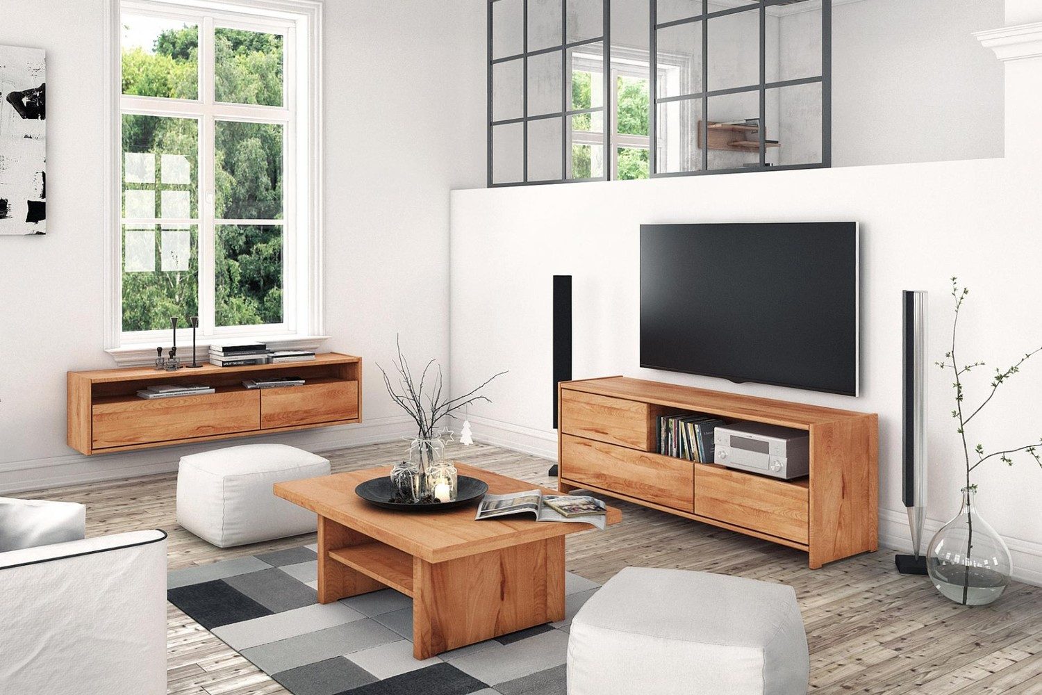 Natur24 Hängeschrank Wandschrank Zigo Kernbuche 148x34x37 mit 2 Schubladen und 1 Fach