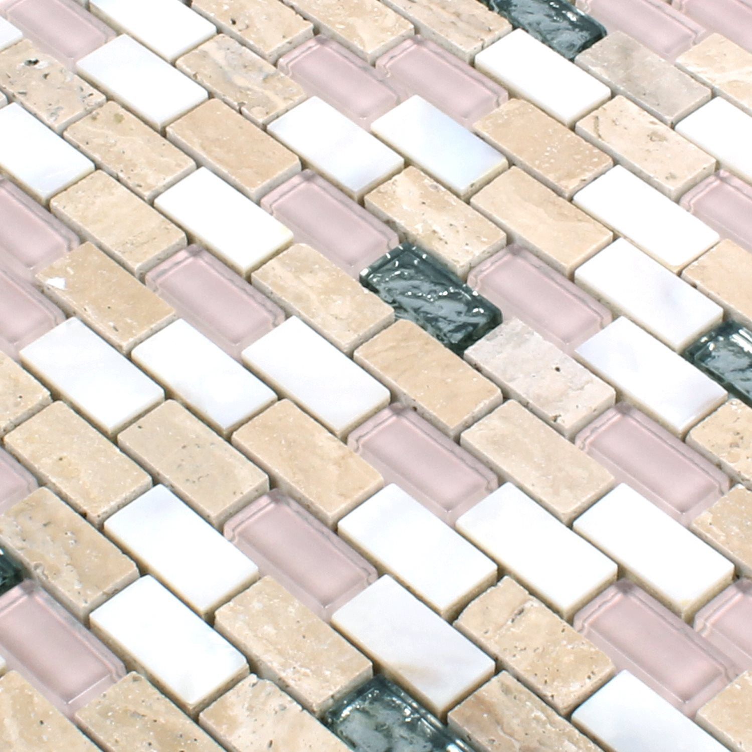 Mosafil Mosaikfliesen Glas Naturstein Muschel Mosaikfliesen Saltanat, Naturstein-Glas-Muschel 30.000x28.500, weiß-beige-braun-silber-rosa, Verlegefertig auf ein Netz geklebt - Wasserfest