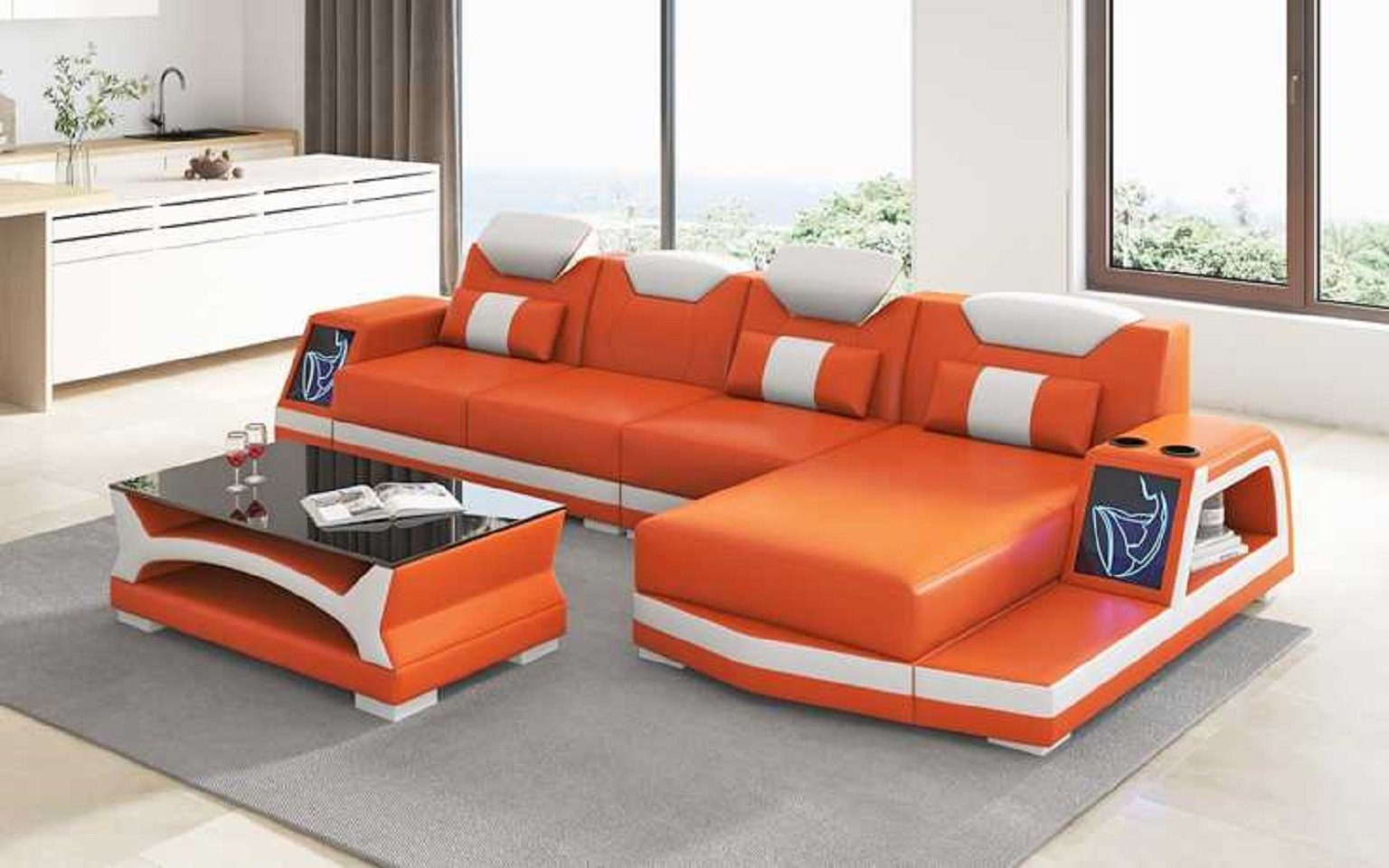 JVmoebel Ecksofa Luxus Ecksofa L Form Mit LED Couch Sofa Moderne Eckgarnitur, 3 Teile, Mit LED Orange