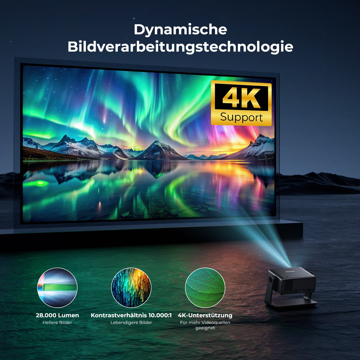 Einyoumily Beamer 4K Mit Netflix Zertifizierung Elektrischer Fokus Heimkino Beamer (28000 lm, 10000:1, 3840x2160 px, Full HD) schwarz