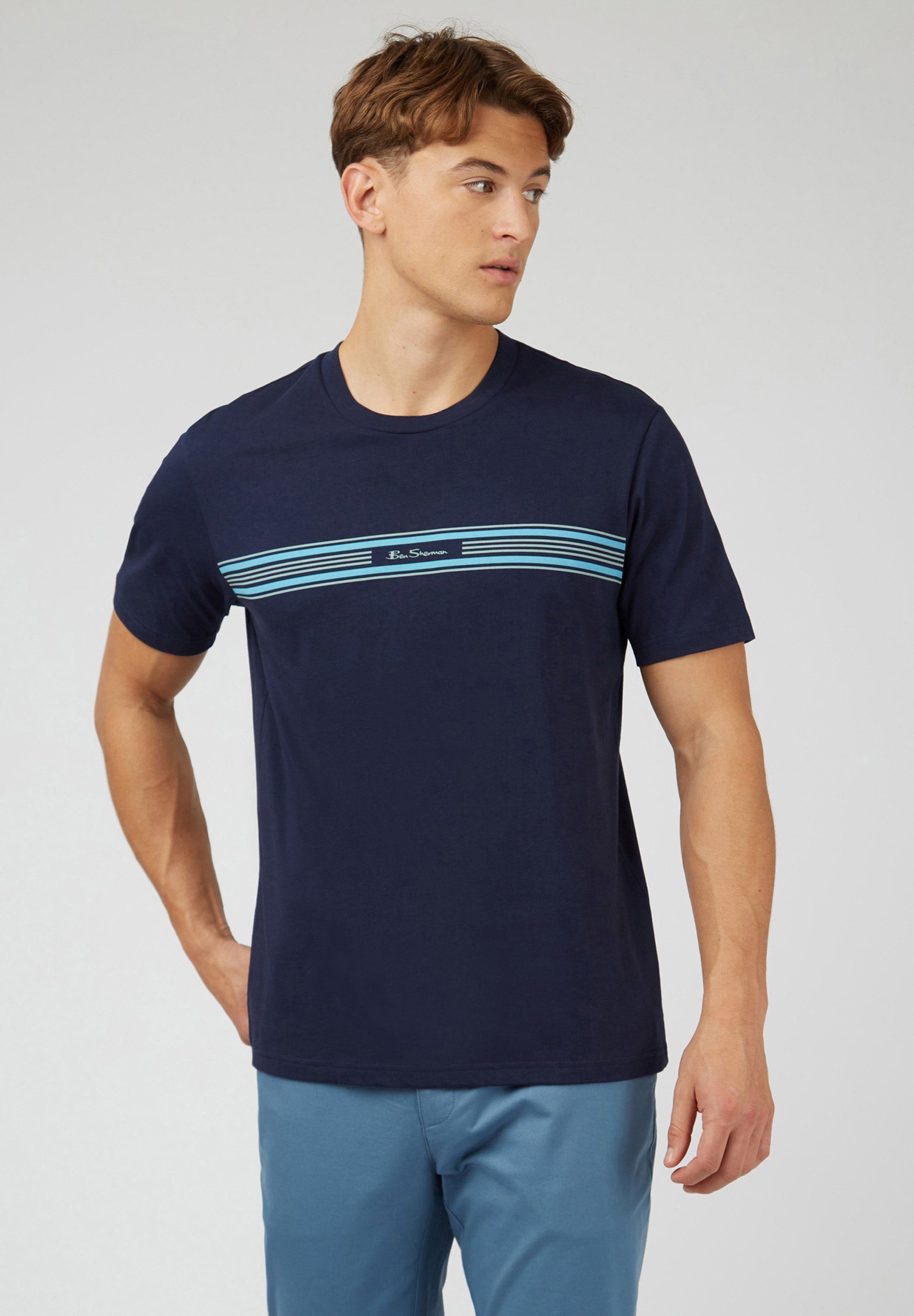 Ben Sherman T-Shirt Seasonal Stripe Tee Kontraststreifen mit Logo marine