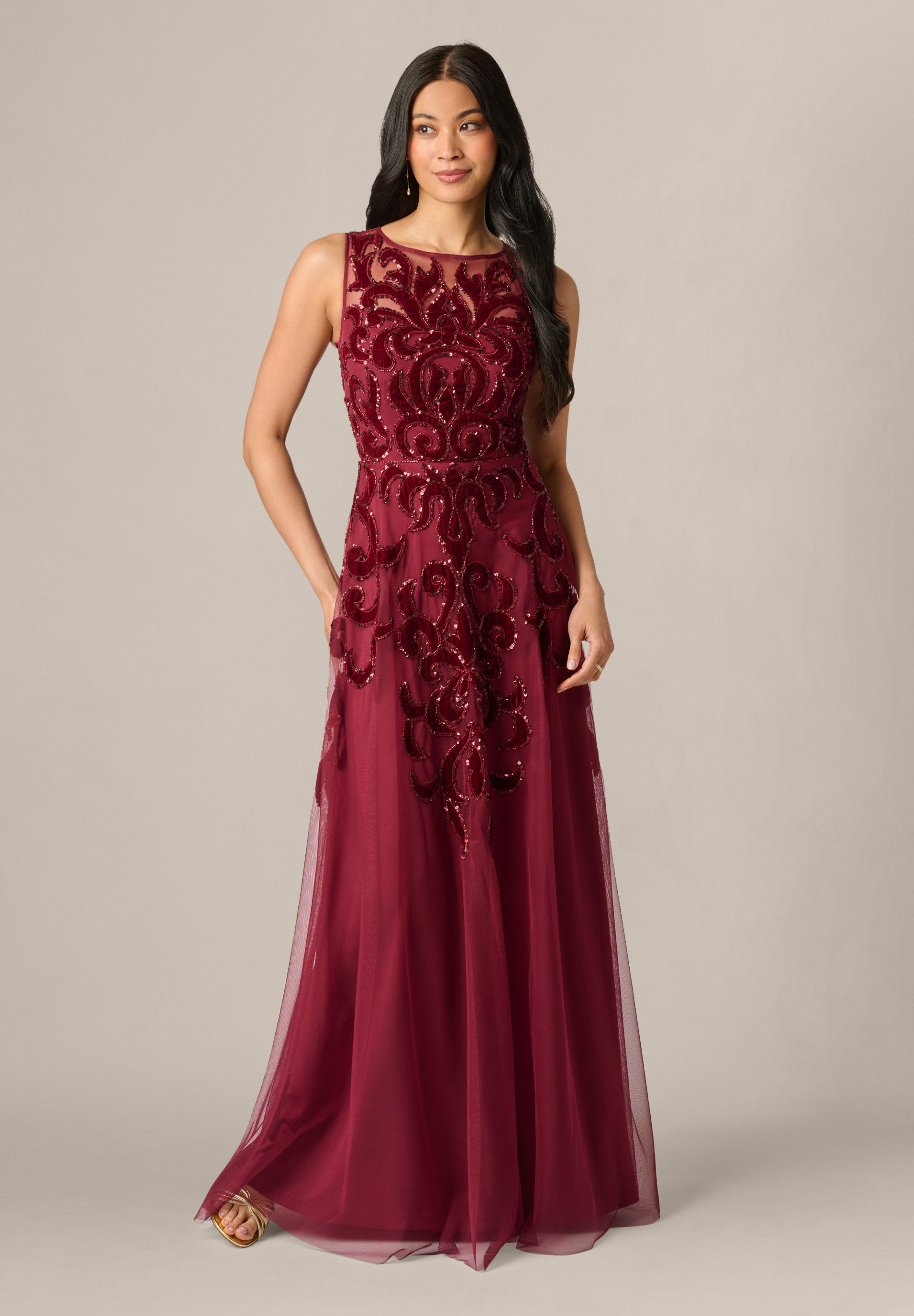 Adrianna Papell Abendkleid Illusion Bead Mesh Long Dress Elegantes und schimmerndes Samtkleid mit Perlenstickerei