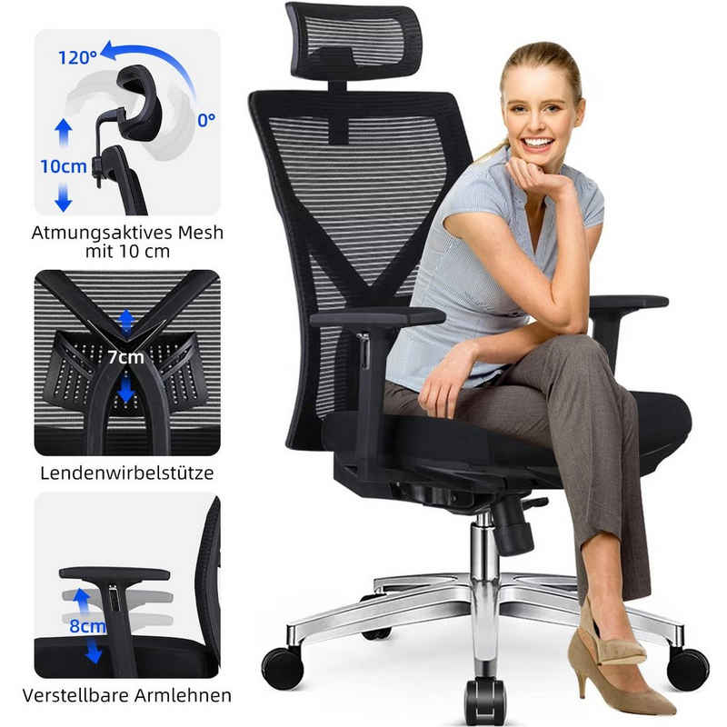 Daccormax Chefsessel »Bürostuhl, Drehstuhl, Schreibtischstuhl, Chefsessel«, Bürostuhl ergonomisch mit verstellbarer Kopfstütze, Armlehnen, Lendenwirbelstütze, Atmungsaktiver Netzstuhl, Wippfunktion von 90° bis 135°, Bürostuhl 150kg