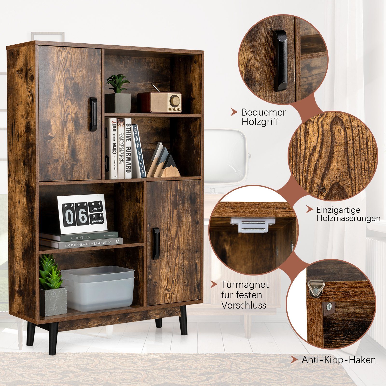COSTWAY Bücherregal, mit 2 Türen Kaffee Holz, Regalen, 4 80x24x120cm & Kippsicherung