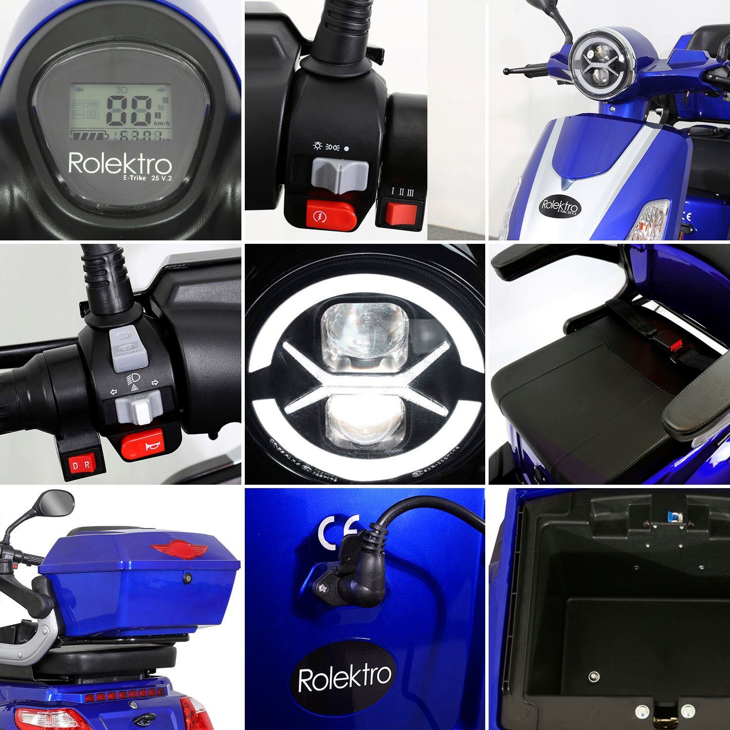 E-Trike 1000 Blei-Gel-Akku, V.2, 25 W, km/h, Rolektro Elektromobil (mit blau Topcase) 25
