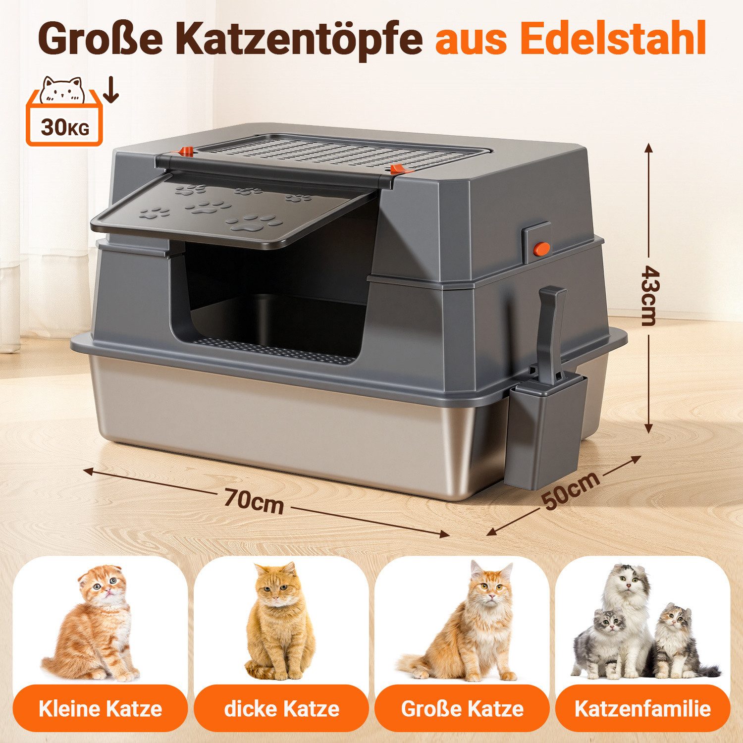 Clanmacy Katzentoilette XXXL Edelstahl-Katzenklo mit Deckel grau 70 x 50 x 43 cm