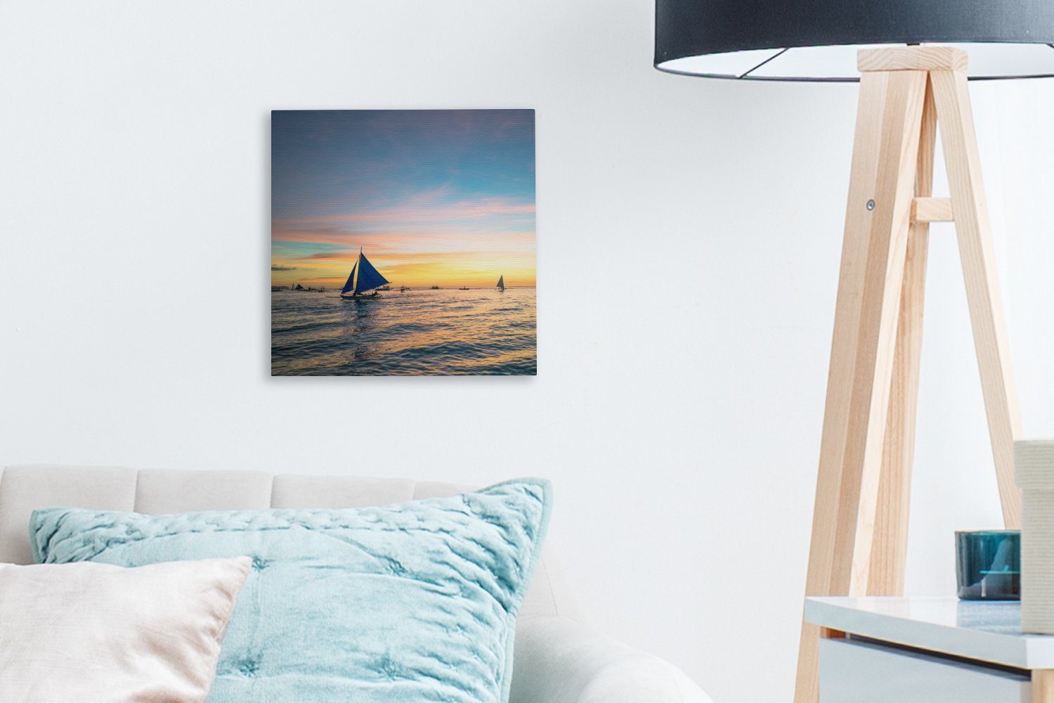 OneMillionCanvasses® Leinwandbild Sonnenuntergang mit auf Boracay, (1 Wasser für Wohnzimmer Schlafzimmer Segelbooten Bilder St), von dem Leinwand